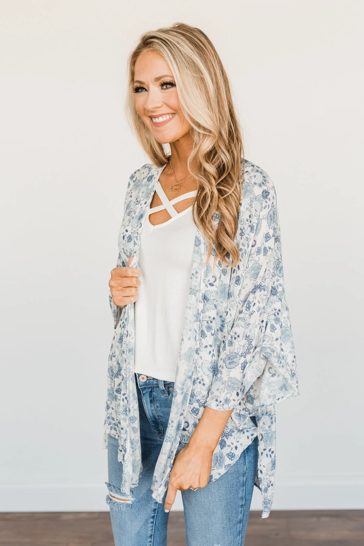 Thoughtful Wishes Floral Kimono- Ivory & Blue - Image 9