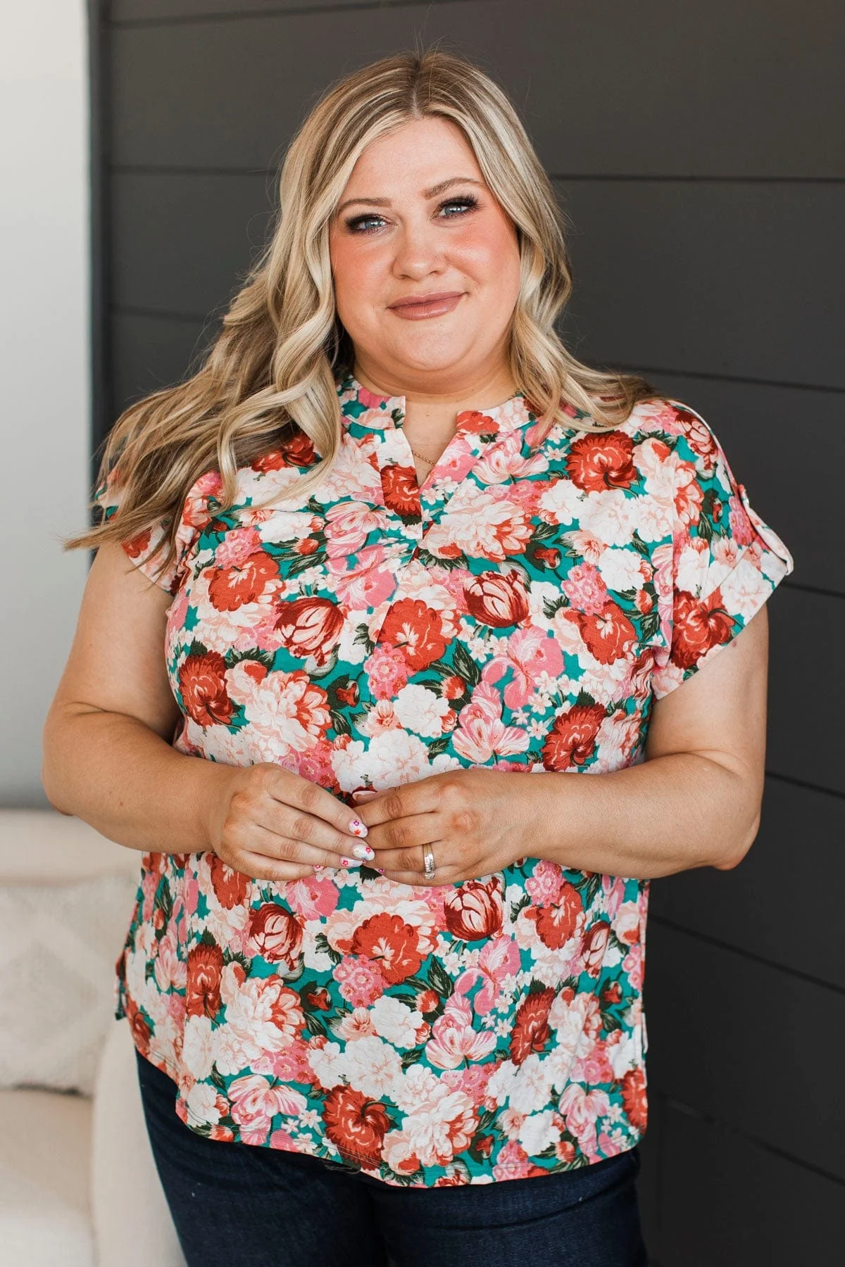 Thoughts Of Forever Floral Top- Teal & Pink - Image 3