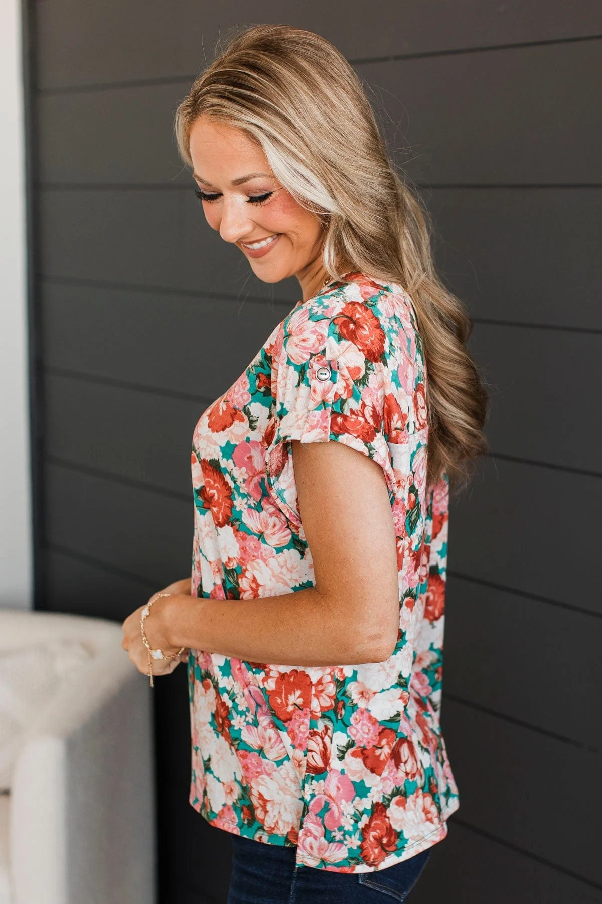 Thoughts Of Forever Floral Top- Teal & Pink - Image 6
