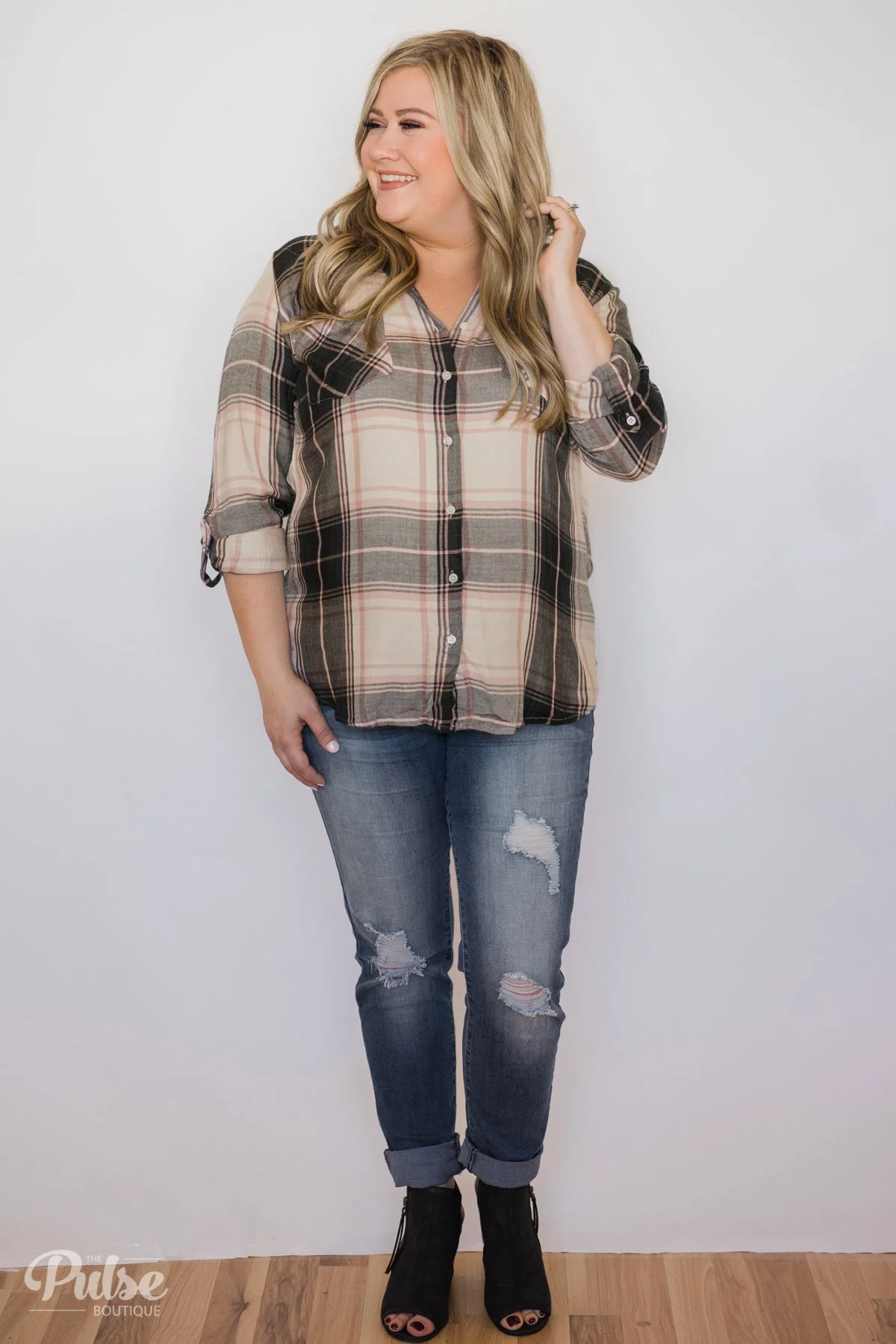 Thread & Supply Button Up Plaid Top- Tan, Blush, Dark Olive - Image 6
