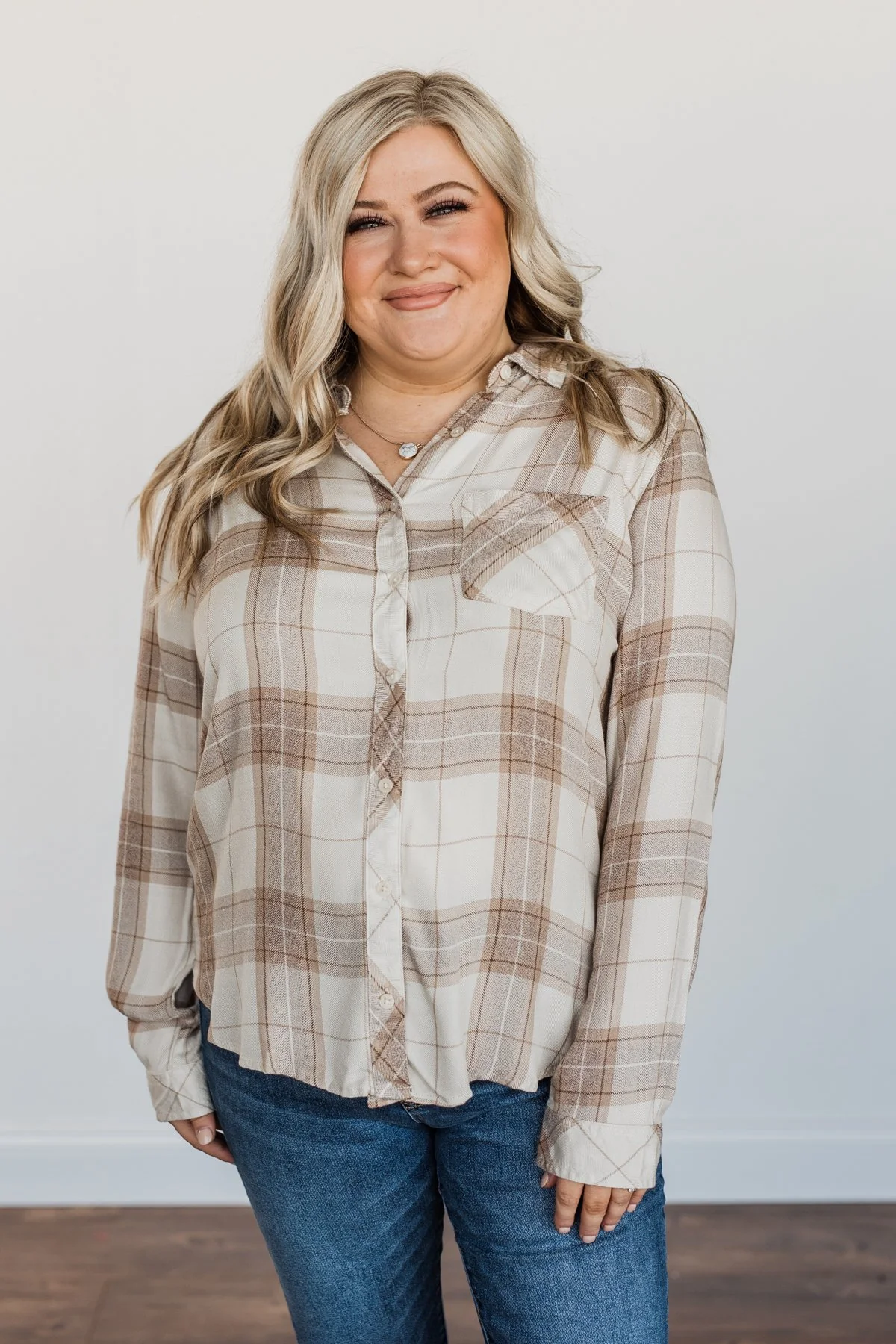 Thread & Supply Button Down Plaid Top- Tan, Oatmeal & Brown - Image 4