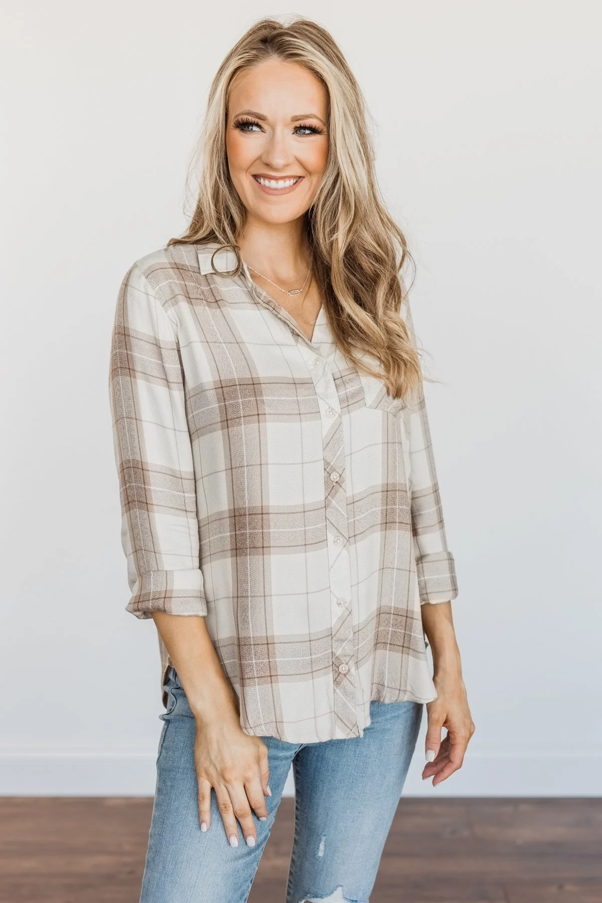 Thread & Supply Button Down Plaid Top- Tan, Oatmeal & Brown - Image 5