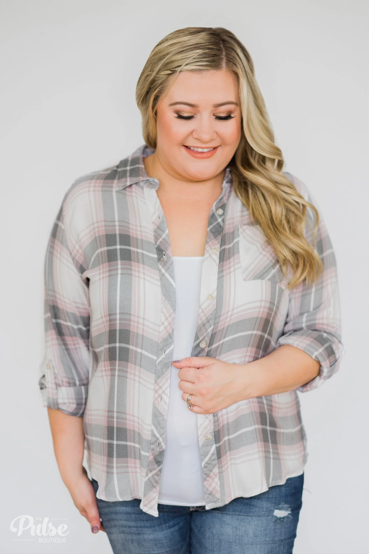 Thread & Supply Classy Plaid Top- Pink & Grey - Image 10