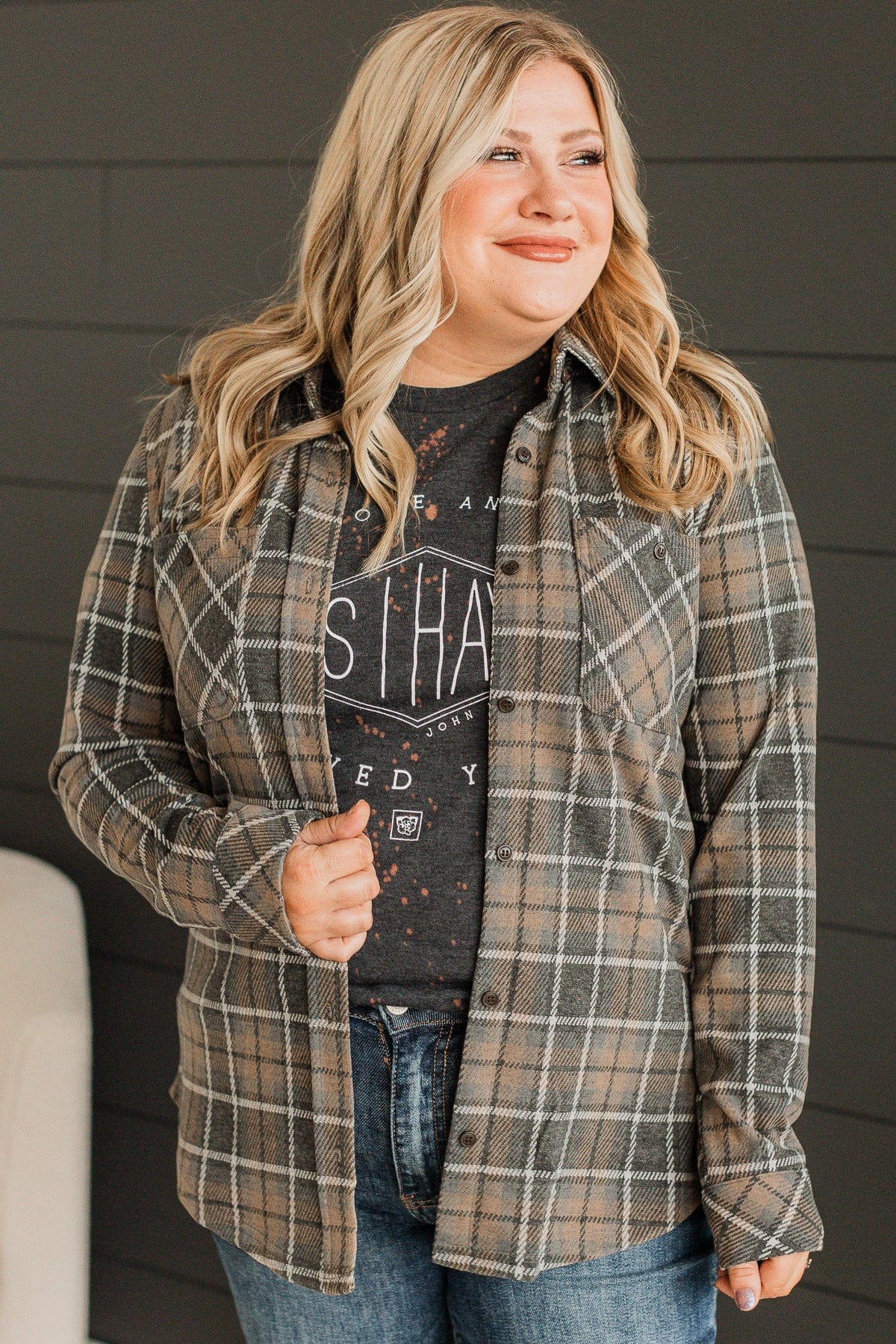 Thread & Supply Free Falling Plaid Shirt Jacket- Charcoal - Image 4