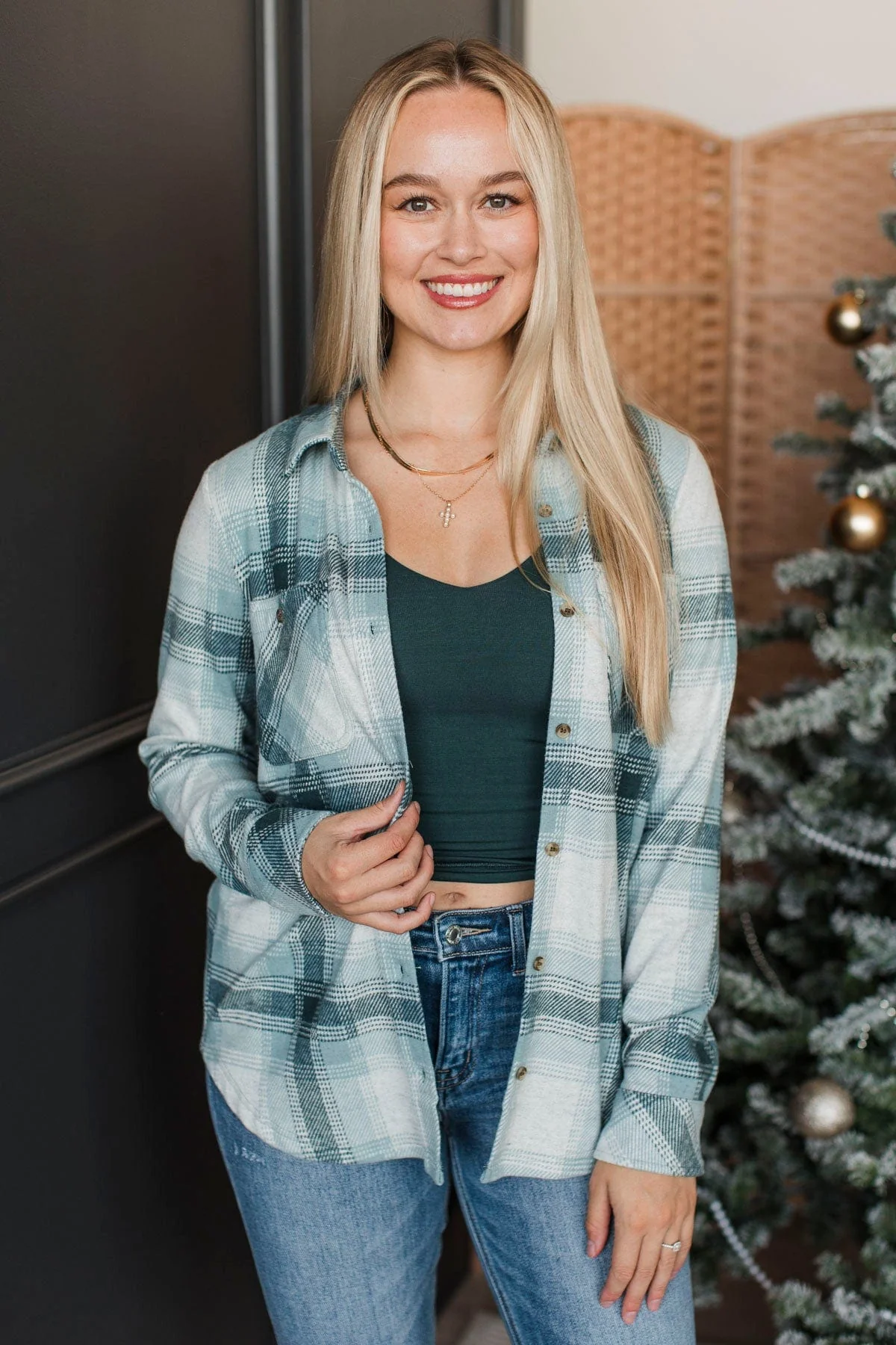 Thread & Supply Free Falling Plaid Shirt Jacket- Cream & Teal - Image 2