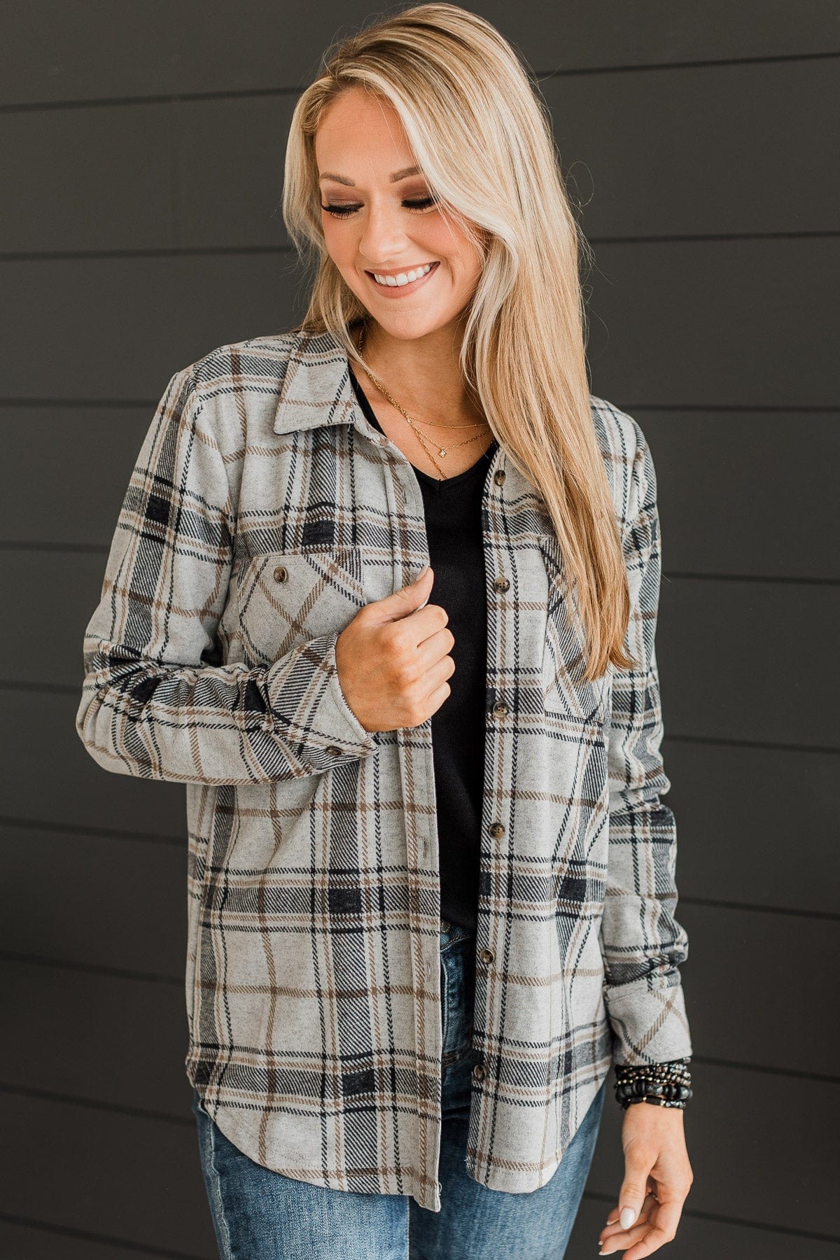 Thread & Supply Free Falling Plaid Shirt Jacket- Heather Grey - Image 3