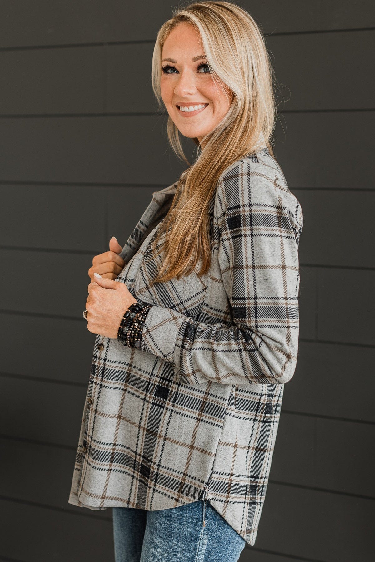 Thread & Supply Free Falling Plaid Shirt Jacket- Heather Grey - Image 5