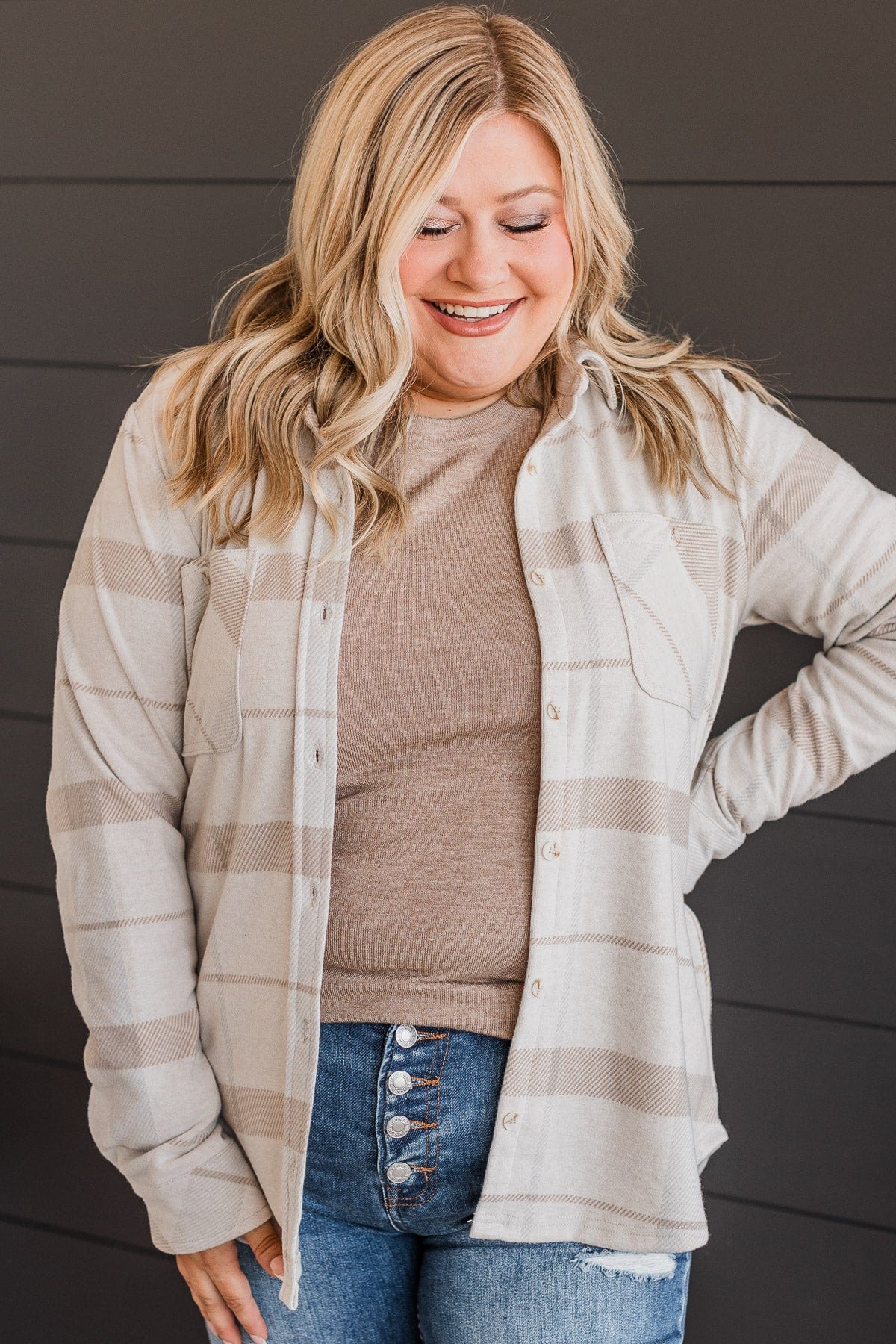 Thread & Supply Free Falling Plaid Shirt Jacket- Light Taupe - Image 4