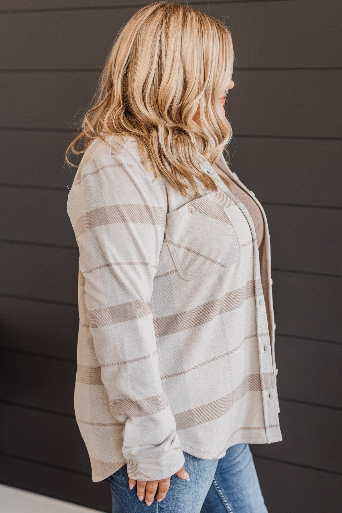 Thread & Supply Free Falling Plaid Shirt Jacket- Light Taupe - Image 6