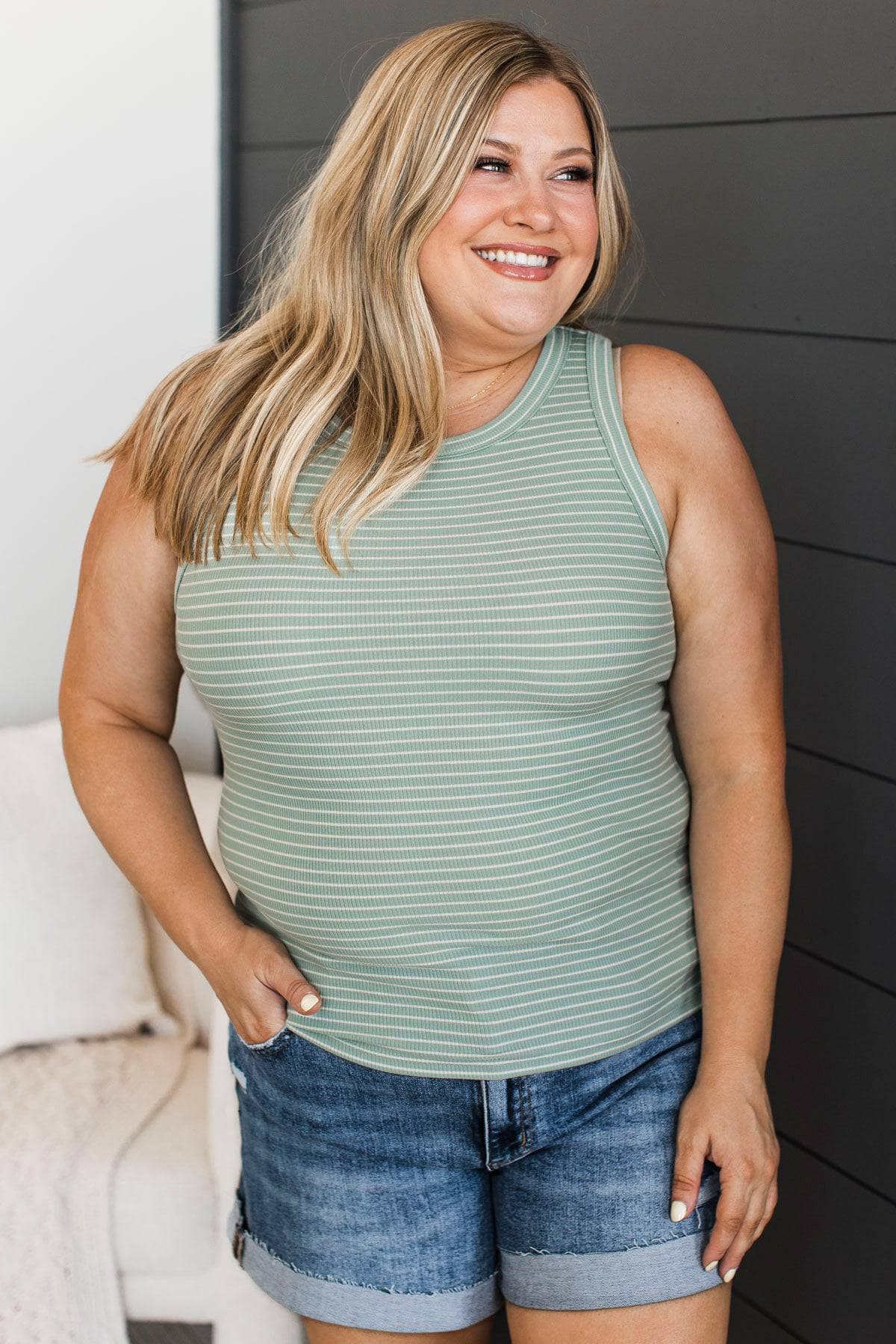 Thread & Supply On The Road Tank Top- Dusty Sage Stripe - Image 5