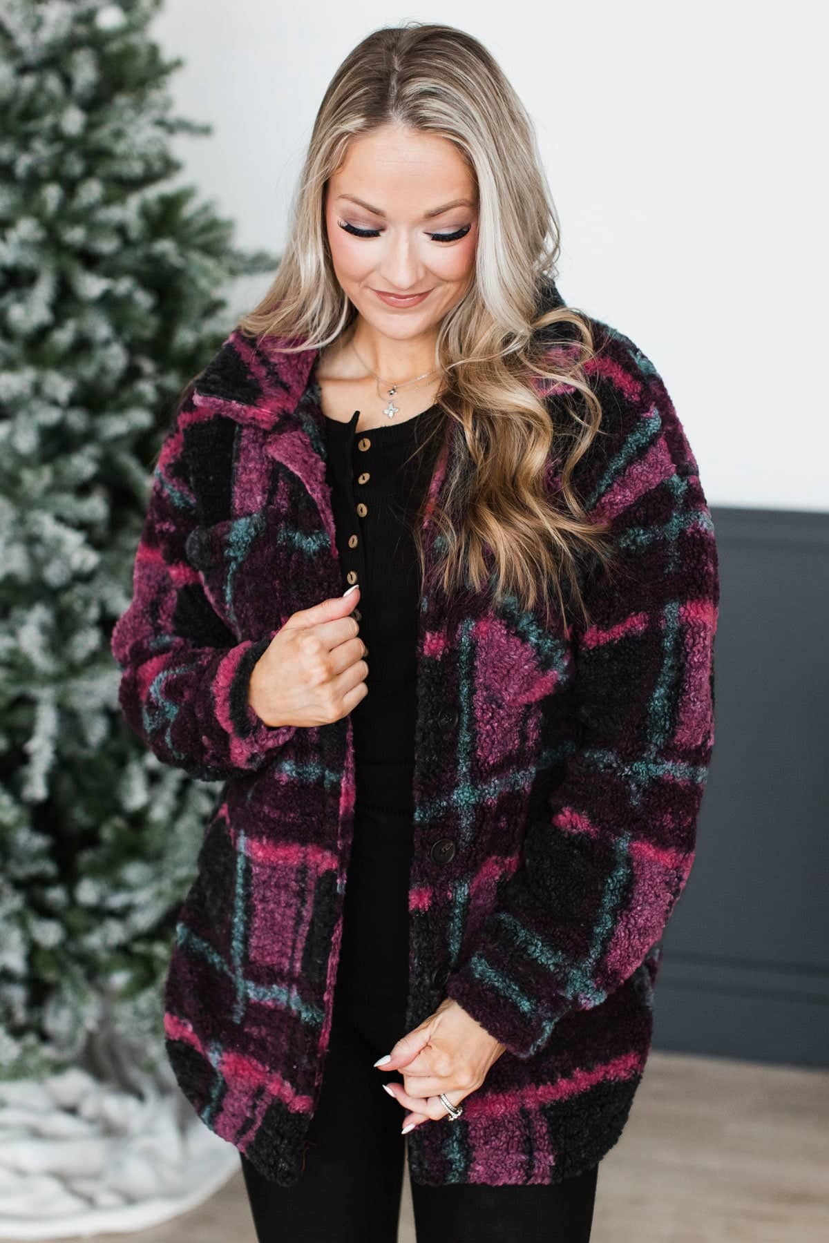 Thread & Supply Plaid Button Teddy Jacket- Black & Fuchsia - Image 3