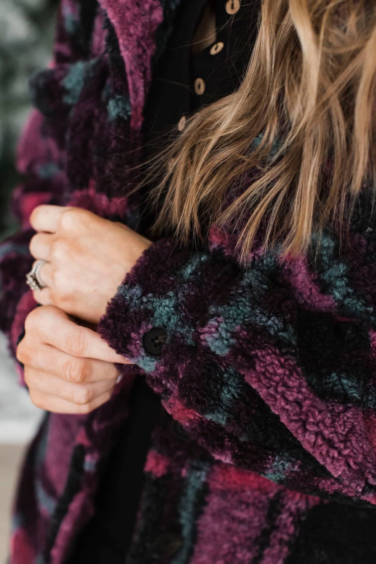 Thread & Supply Plaid Button Teddy Jacket- Black & Fuchsia - Image 4