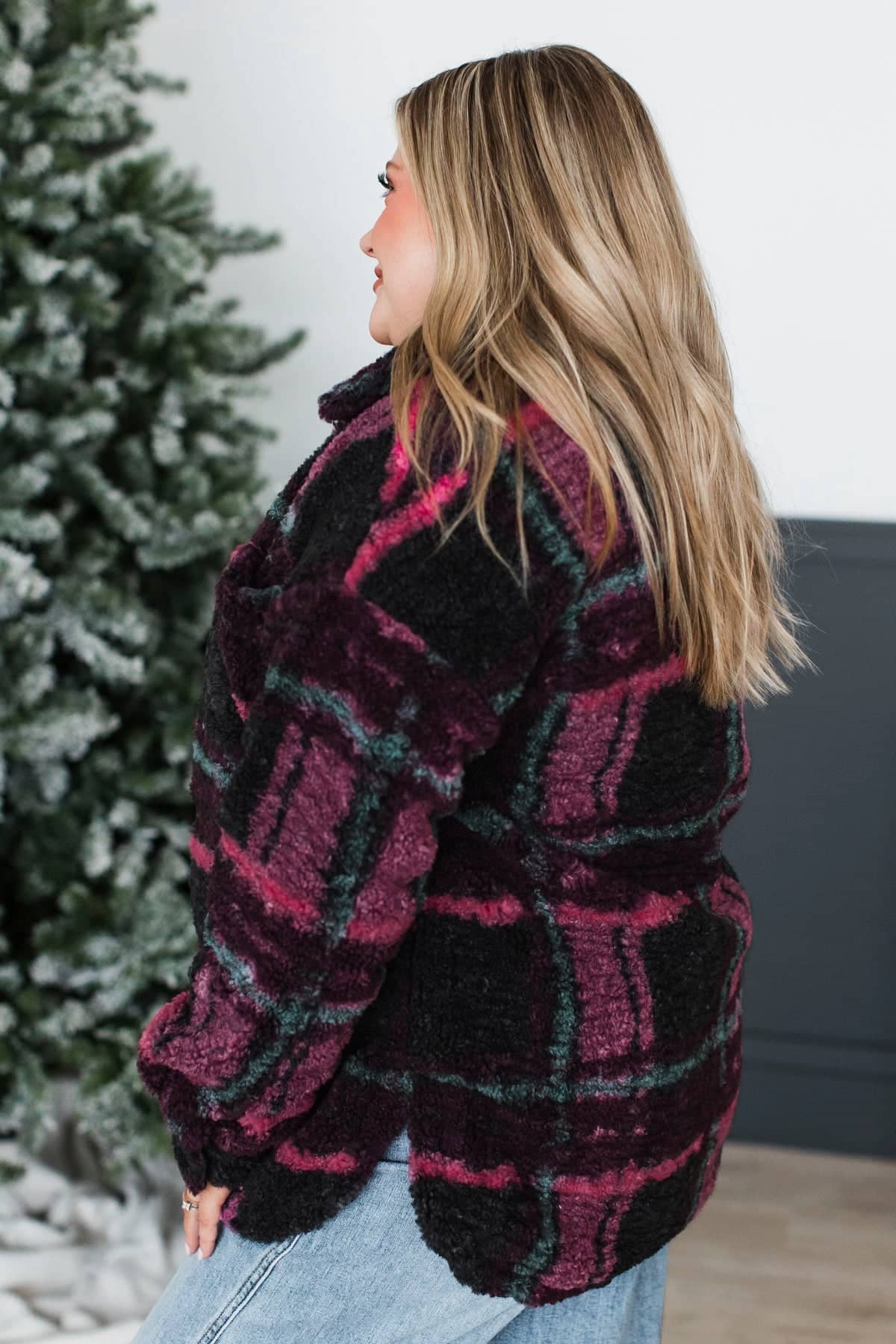 Thread & Supply Plaid Button Teddy Jacket- Black & Fuchsia - Image 7