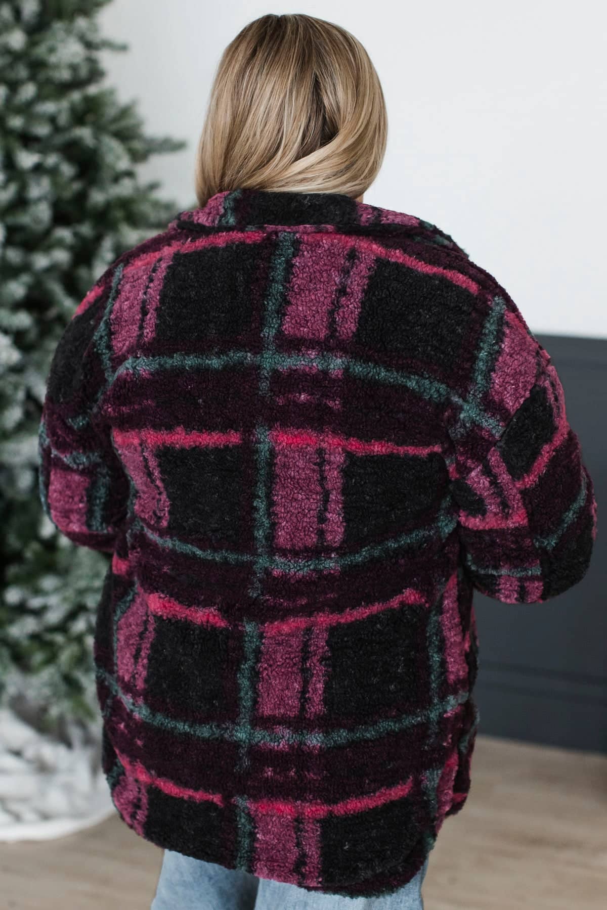 Thread & Supply Plaid Button Teddy Jacket- Black & Fuchsia - Image 9