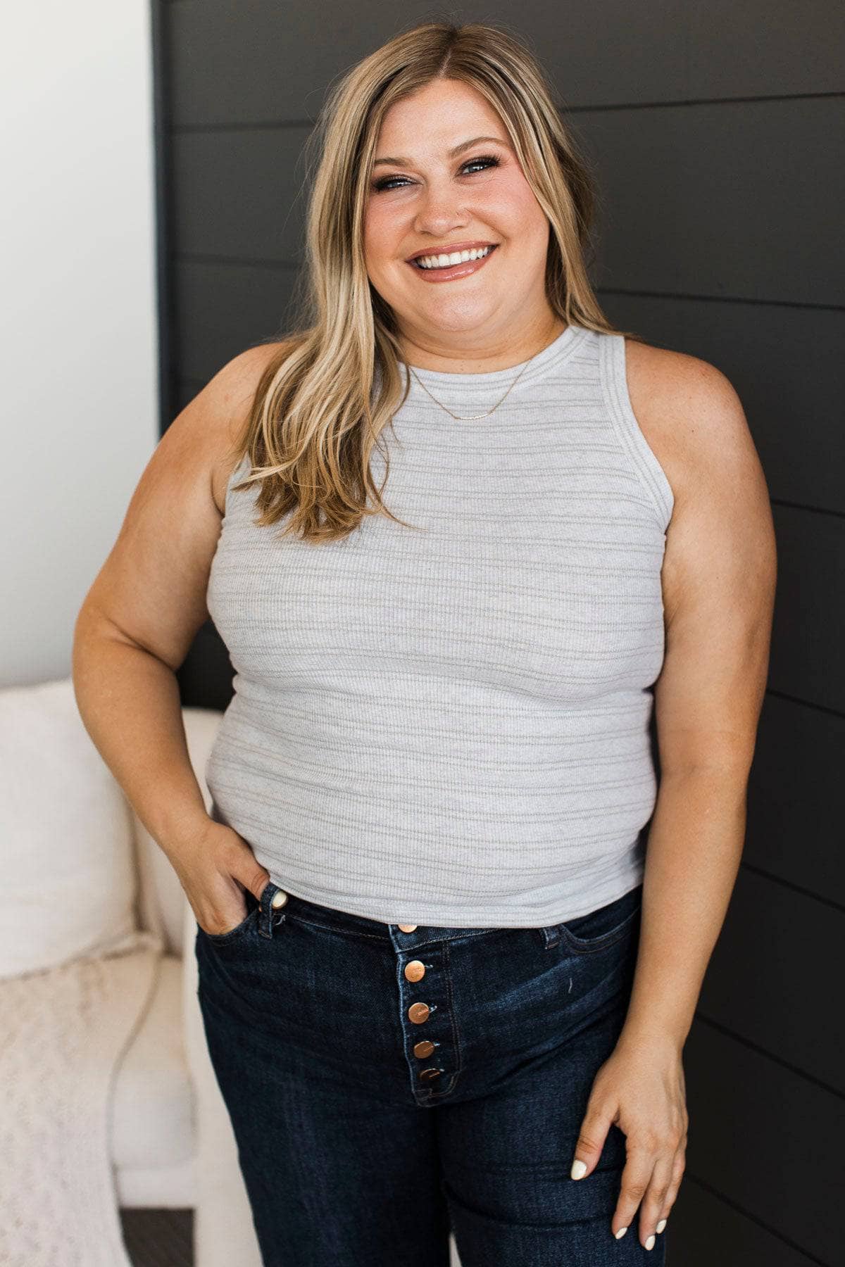 Thread & Supply So Darling Tank Top- Heather Grey Stripe - Image 2