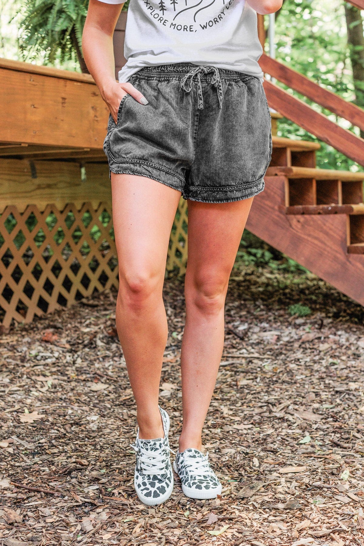 Thread & Supply Speak Truths Acid Wash Shorts- Black - Image 5