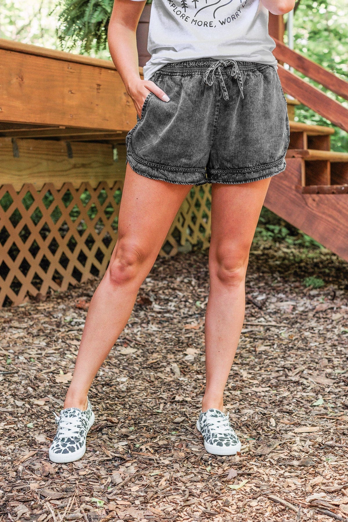 Thread & Supply Speak Truths Acid Wash Shorts- Black - Image 7