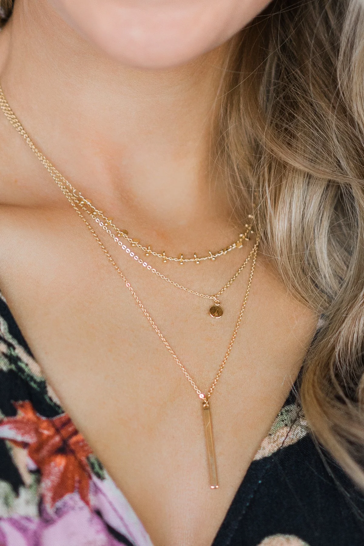 Pulse Perk~ Three Tiered Drop Pendant Necklace ~ Gold