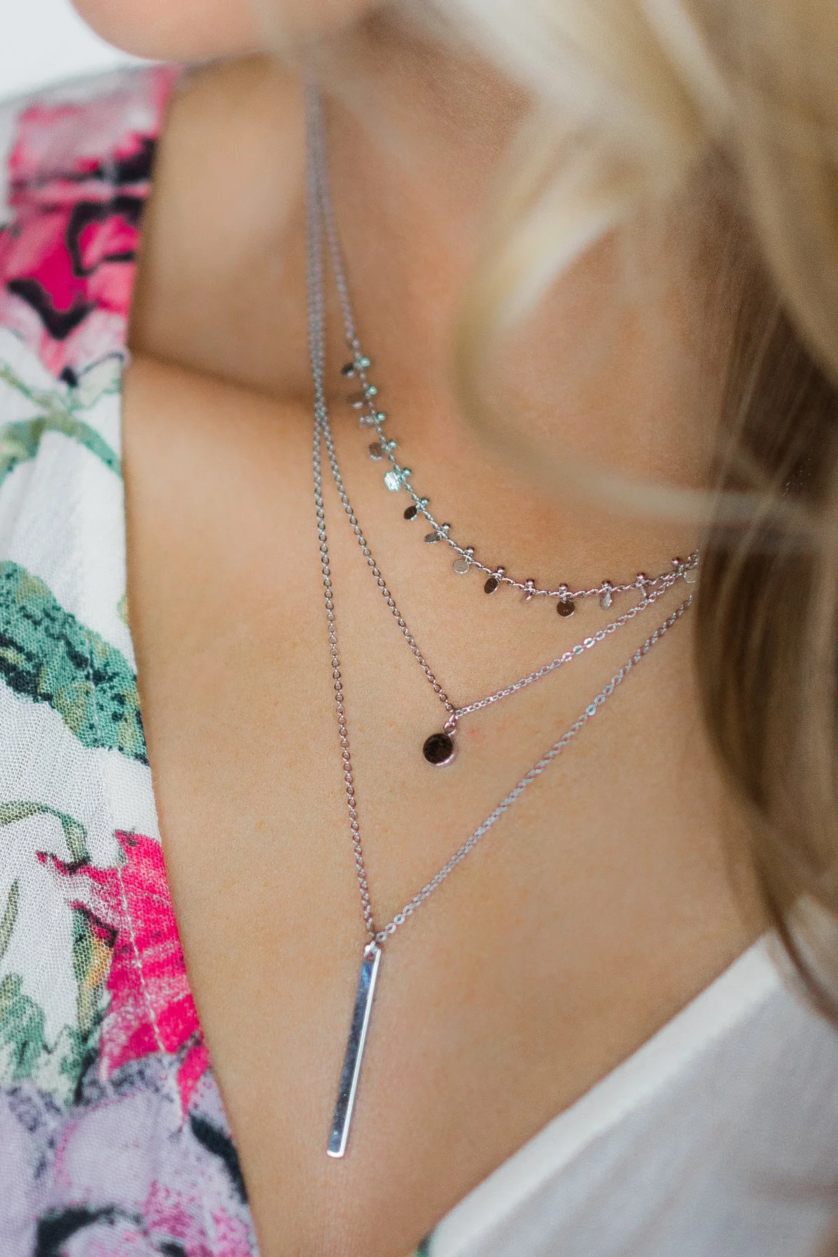 Pulse Perk~ Three Tiered Drop Pendant Necklace ~ Silver - Image 2