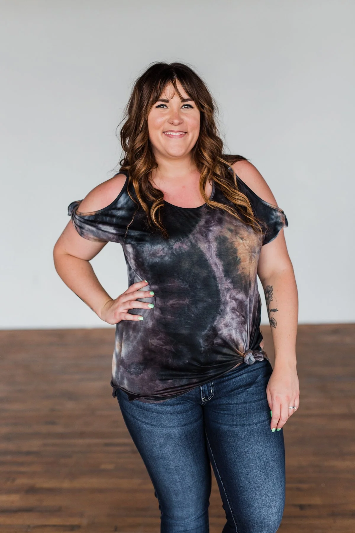 Thrill Of It Cold Shoulder Tie Dye Top- Navy & Brown - Image 2