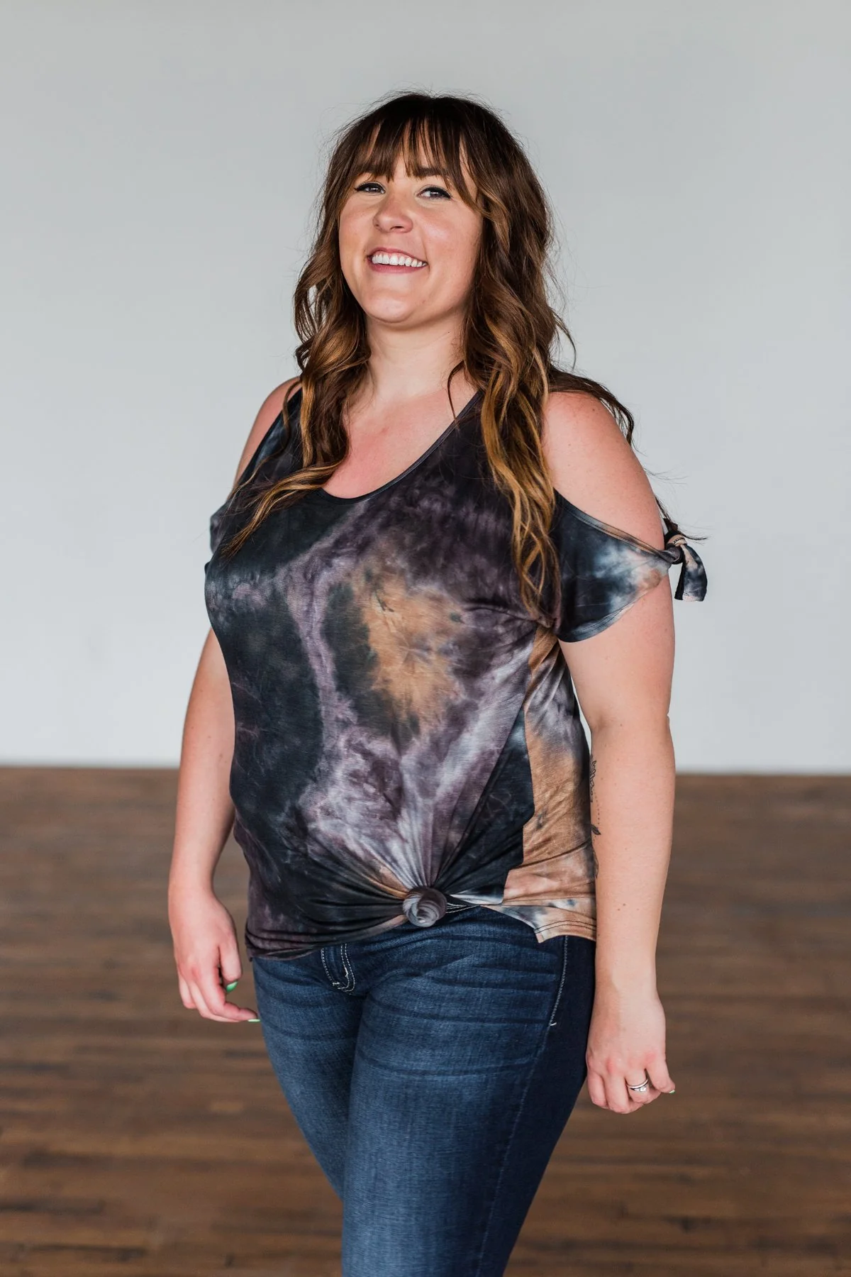 Thrill Of It Cold Shoulder Tie Dye Top- Navy & Brown - Image 6