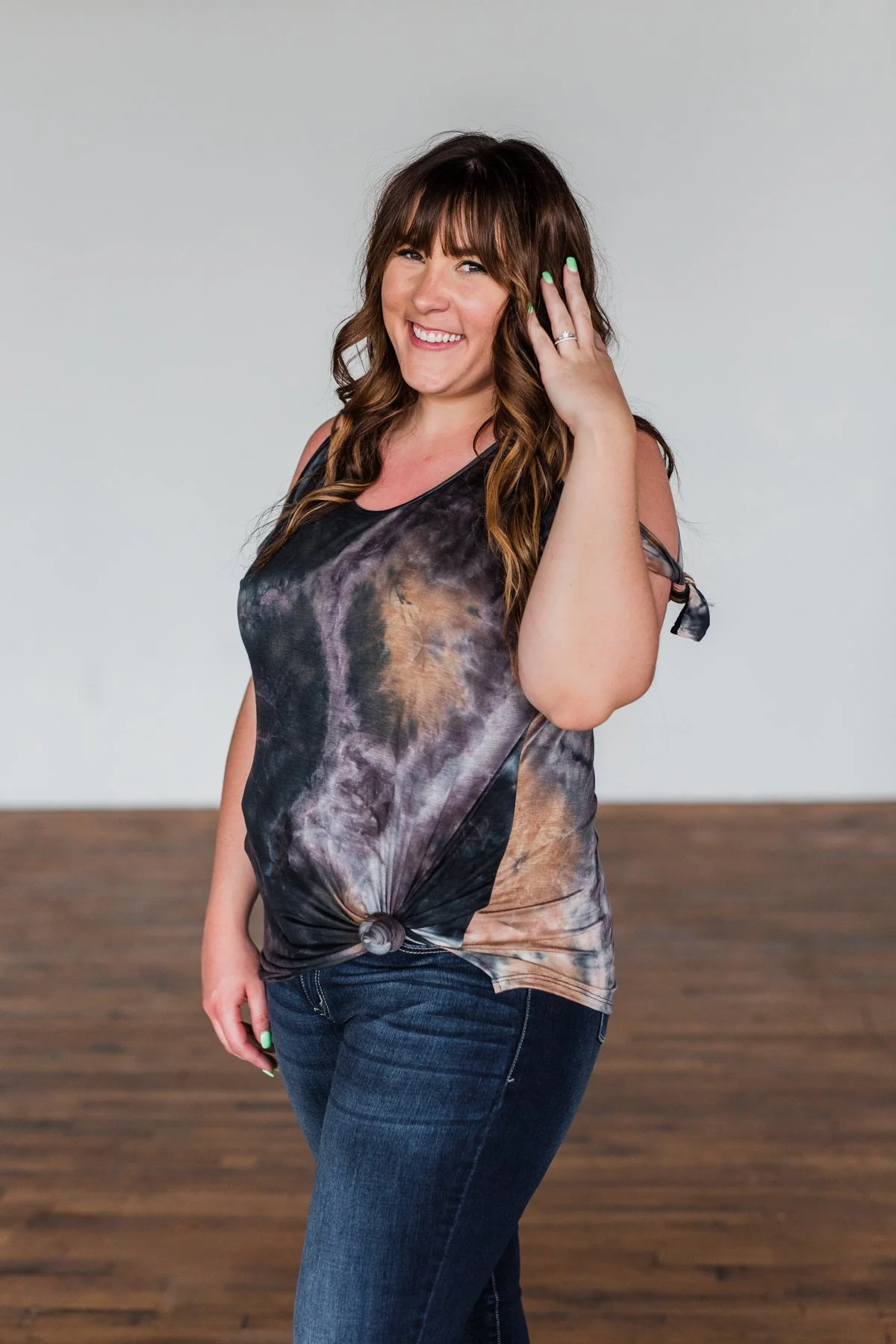 Thrill Of It Cold Shoulder Tie Dye Top- Navy & Brown - Image 8