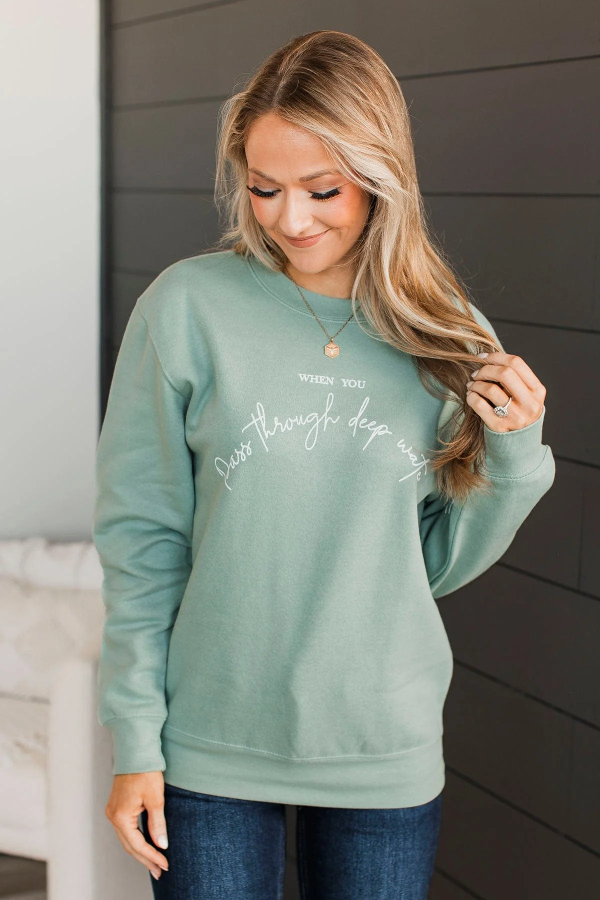 "Through Deep Water" Crew Neck- Dusty Sage - Image 3