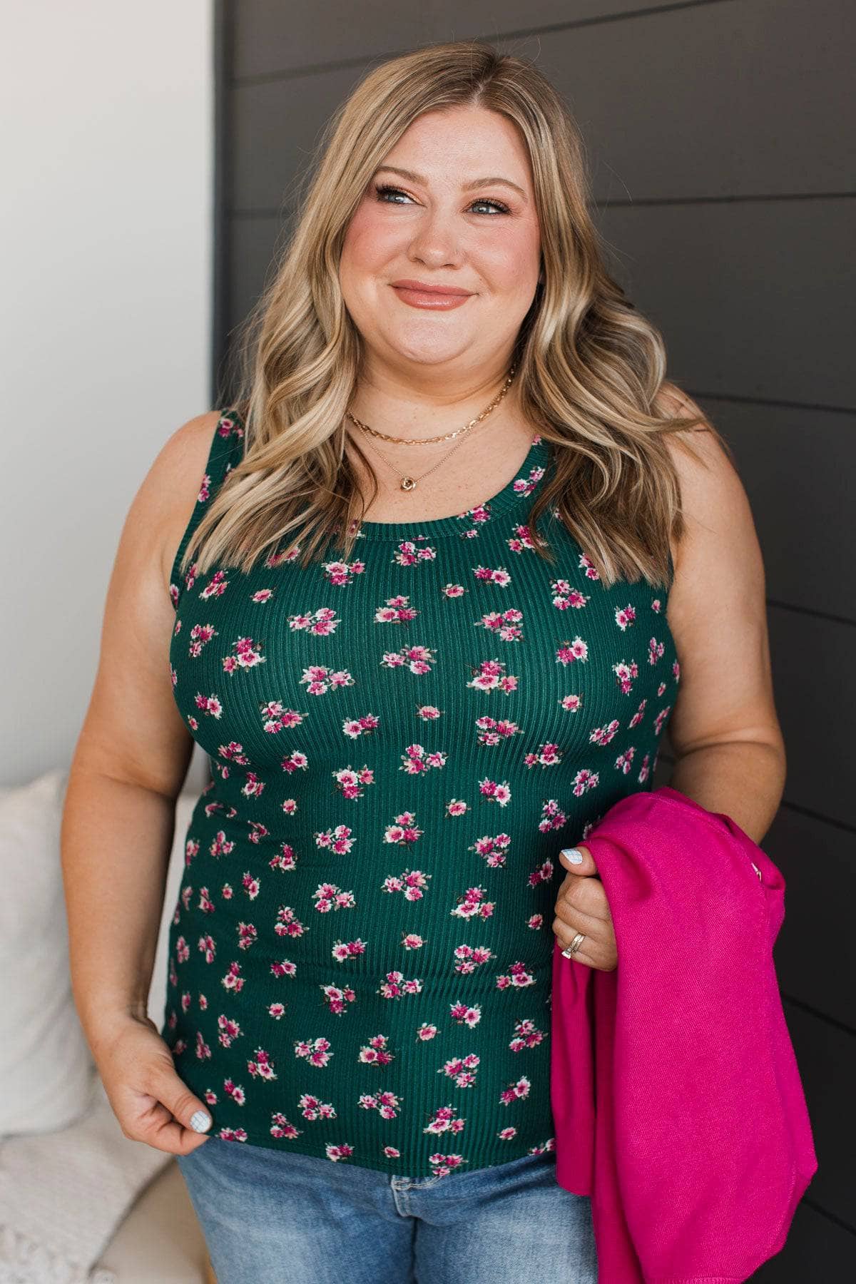 Through Spring Floral Tank Top- Hunter Green