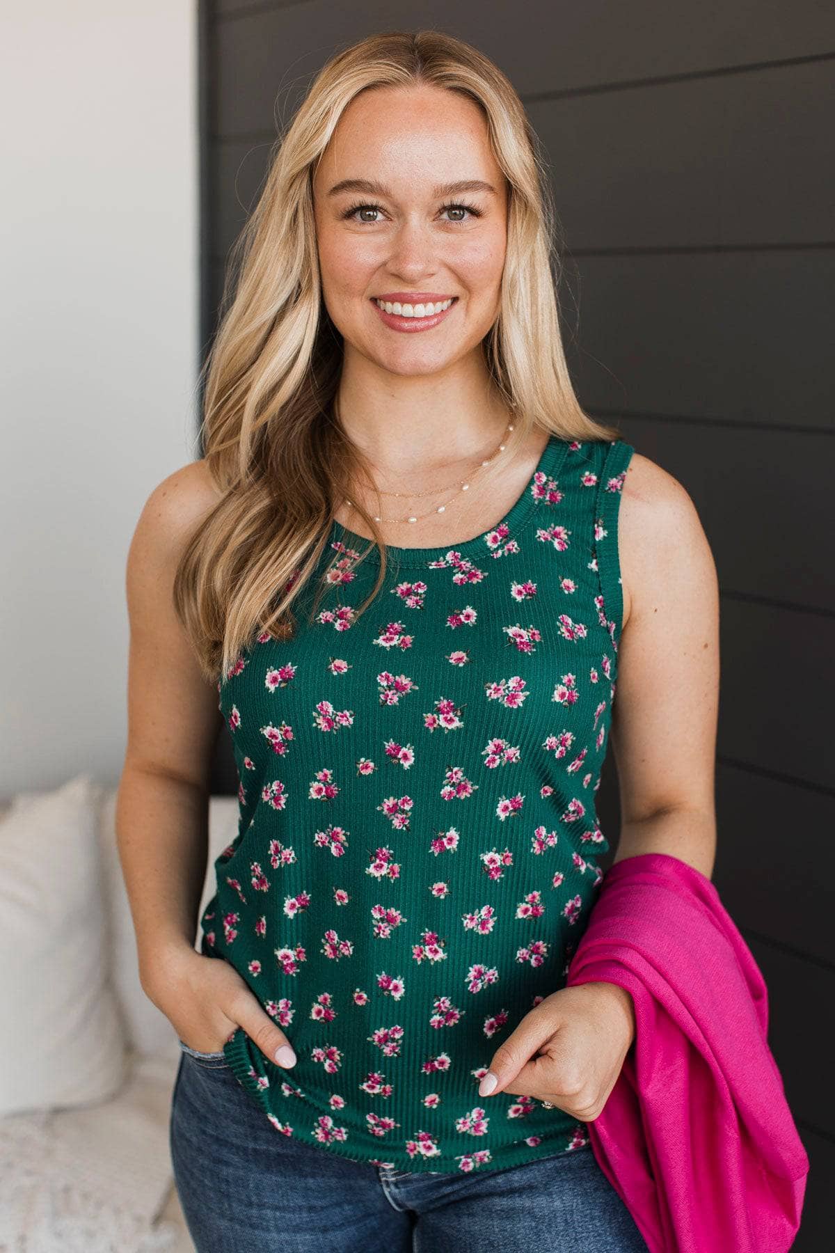 Through Spring Floral Tank Top- Hunter Green - Image 2