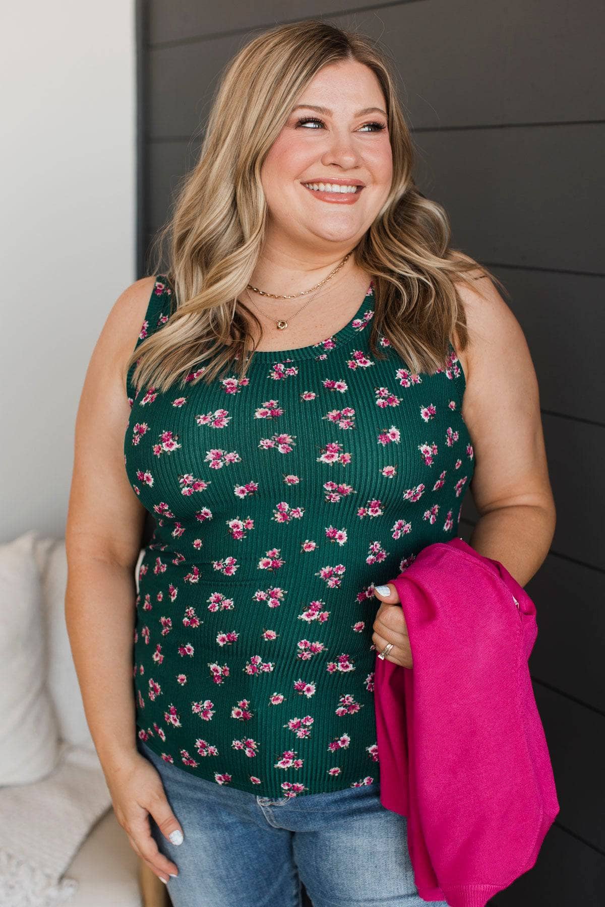 Through Spring Floral Tank Top- Hunter Green - Image 3