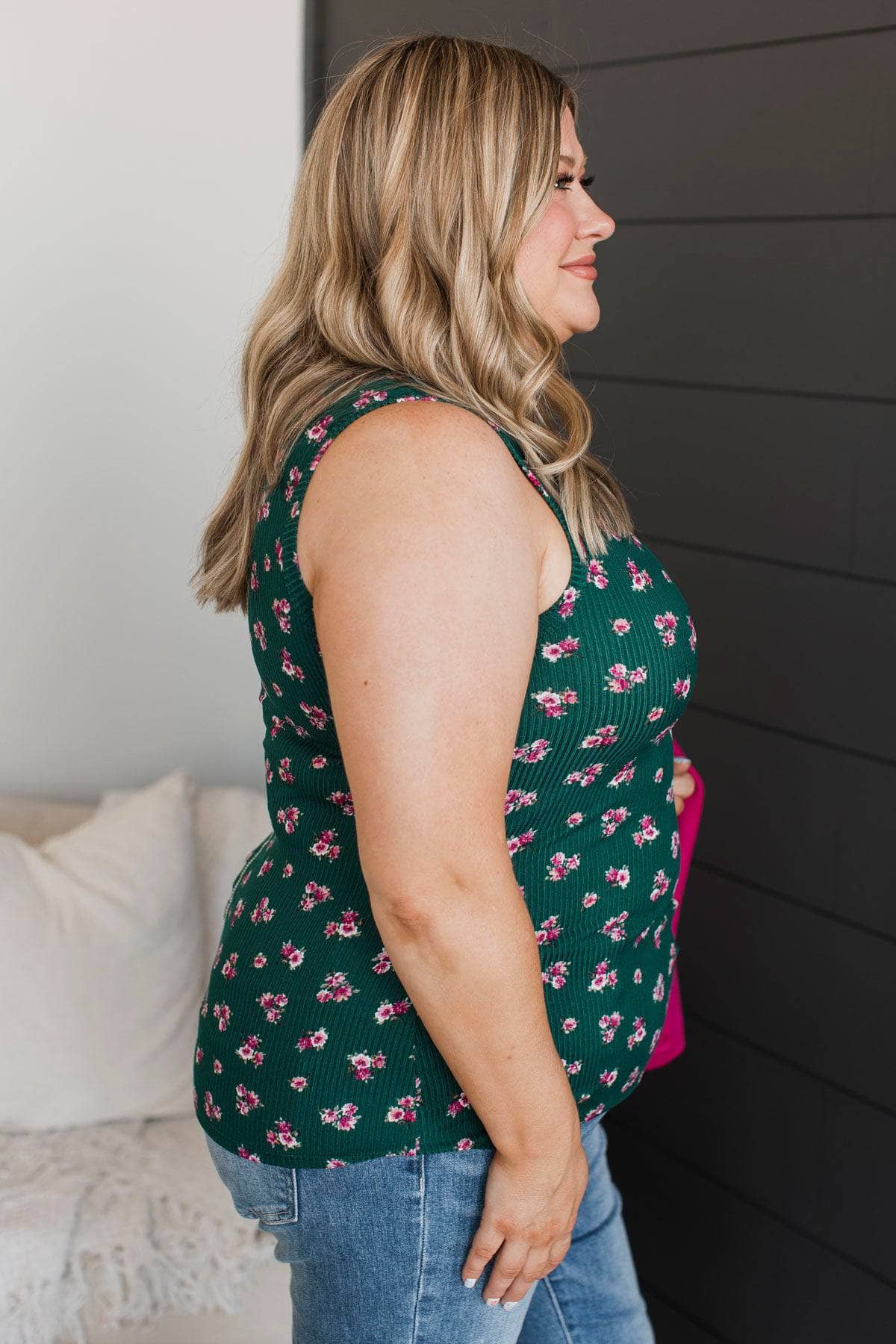 Through Spring Floral Tank Top- Hunter Green - Image 5