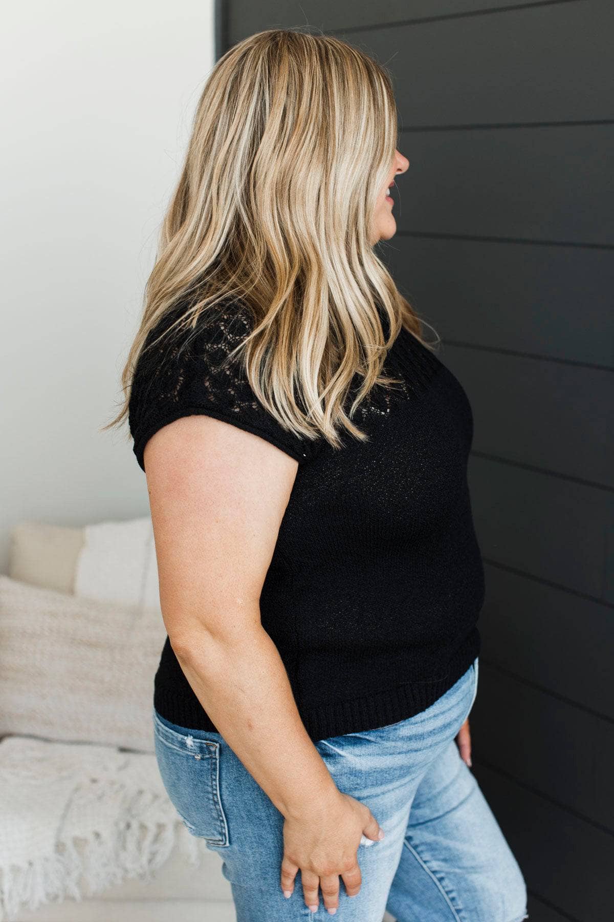 Through Summer Nights Knit Yoke Top- Black - Image 3
