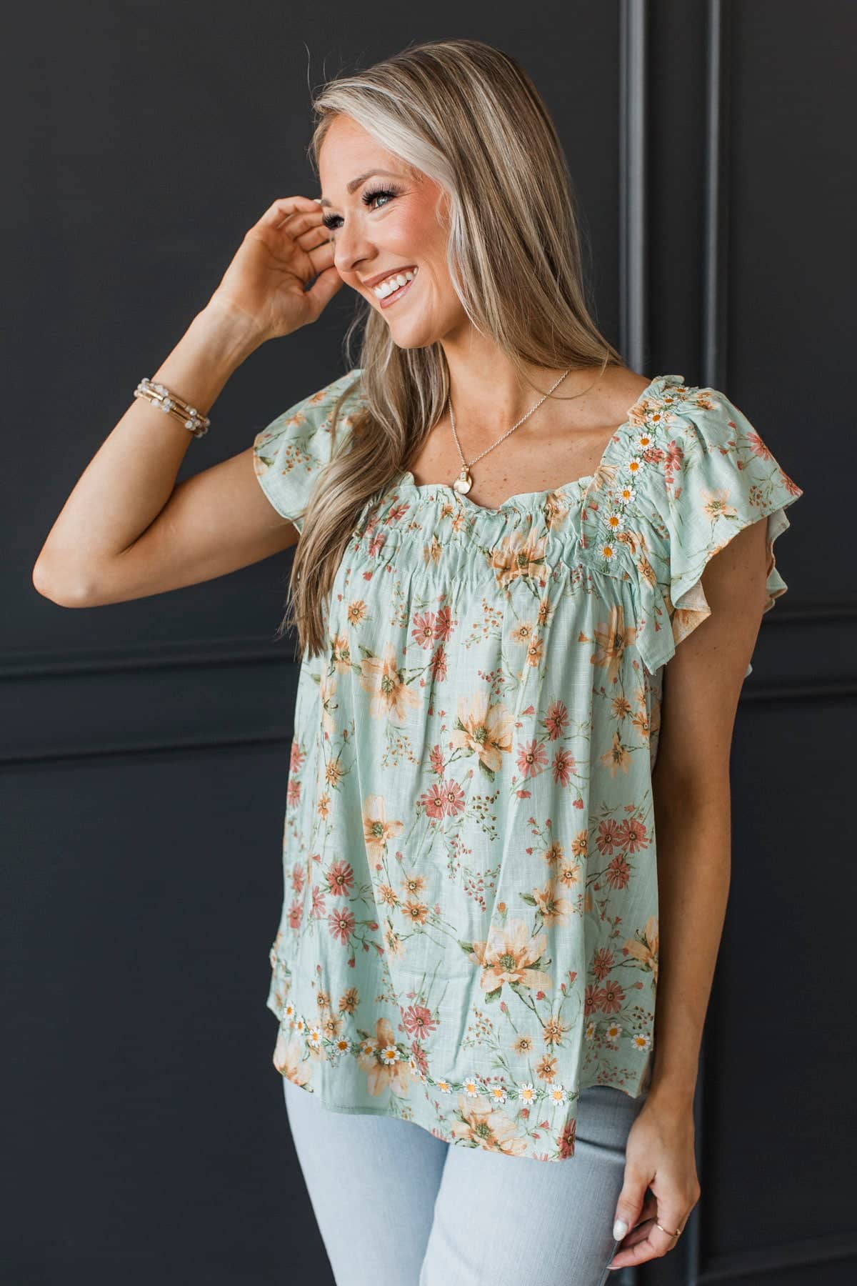 Through The Garden Embroidered Floral Blouse- Dusty Mint - Image 3