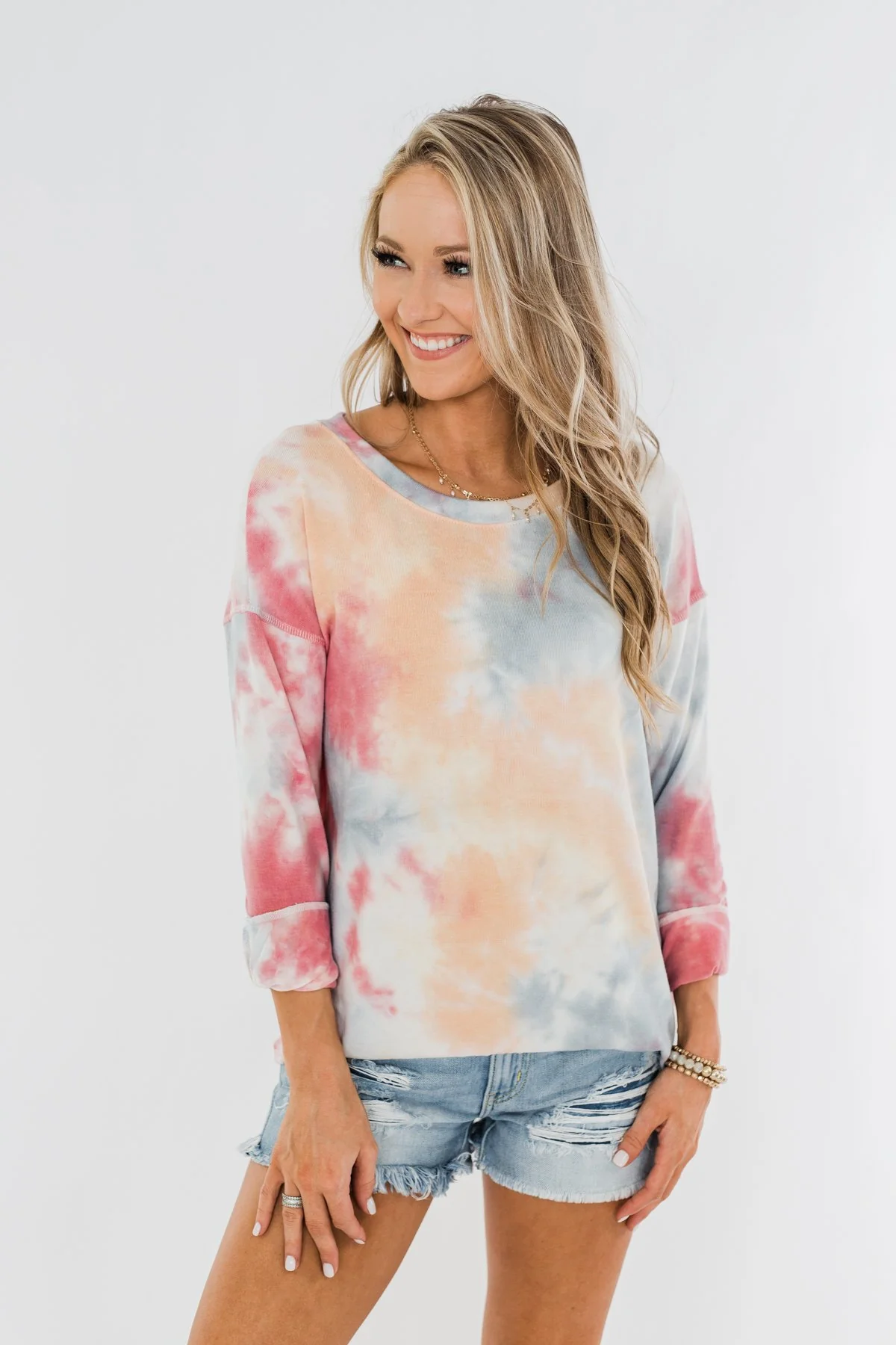 Tie Dye Lounge Pullover Top- Cherry, Light Orange, & Blue - Image 3