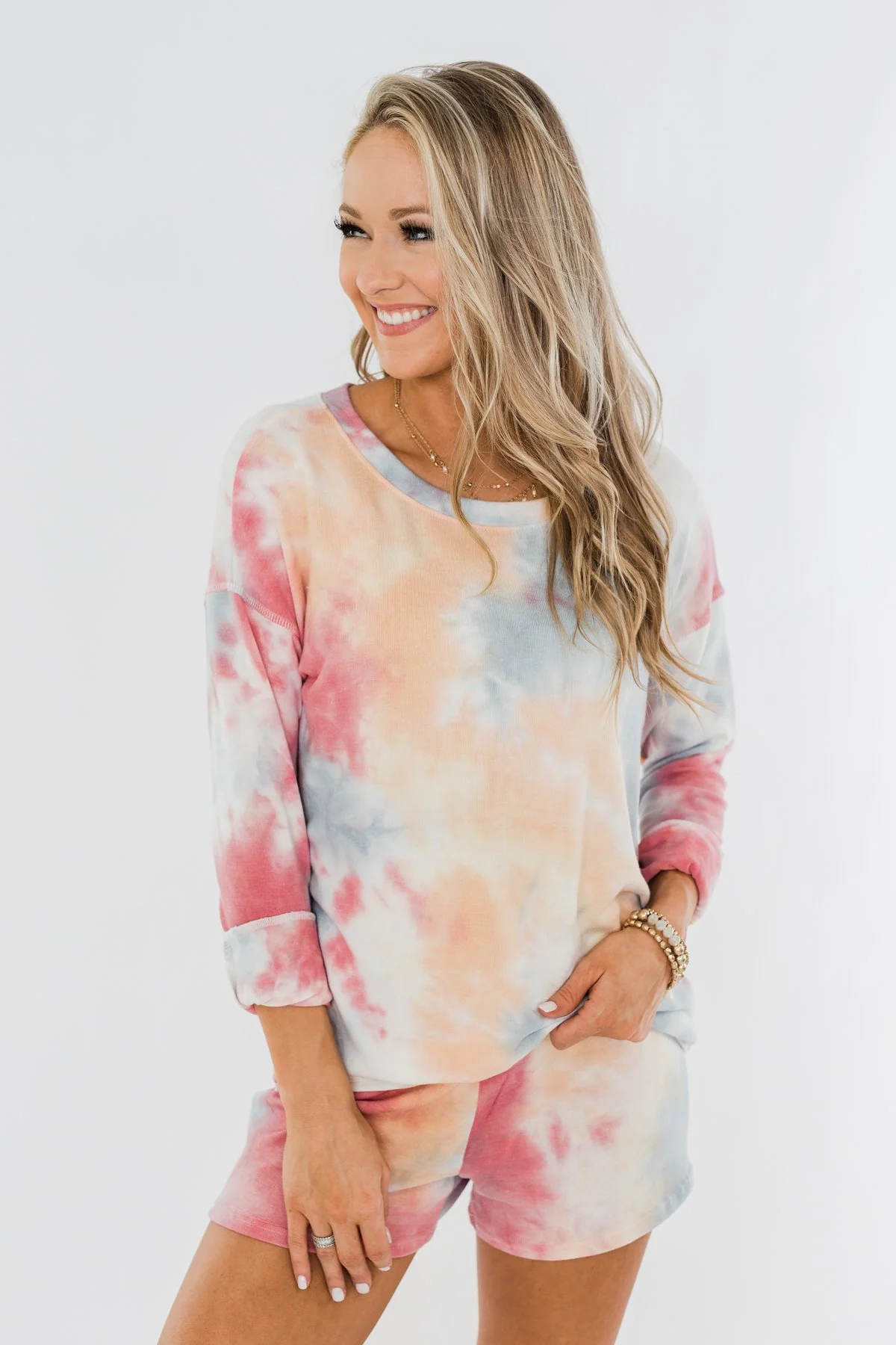 Tie Dye Lounge Pullover Top- Cherry, Light Orange, & Blue - Image 4