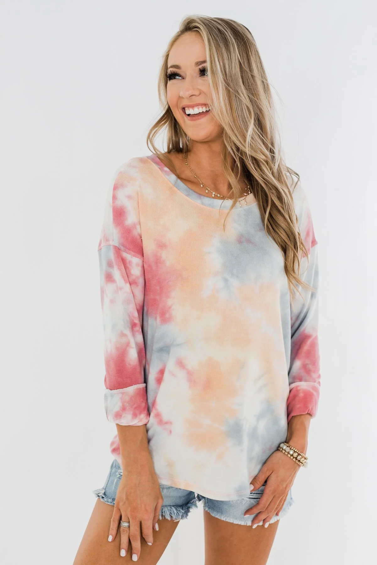Tie Dye Lounge Pullover Top- Cherry, Light Orange, & Blue - Image 6