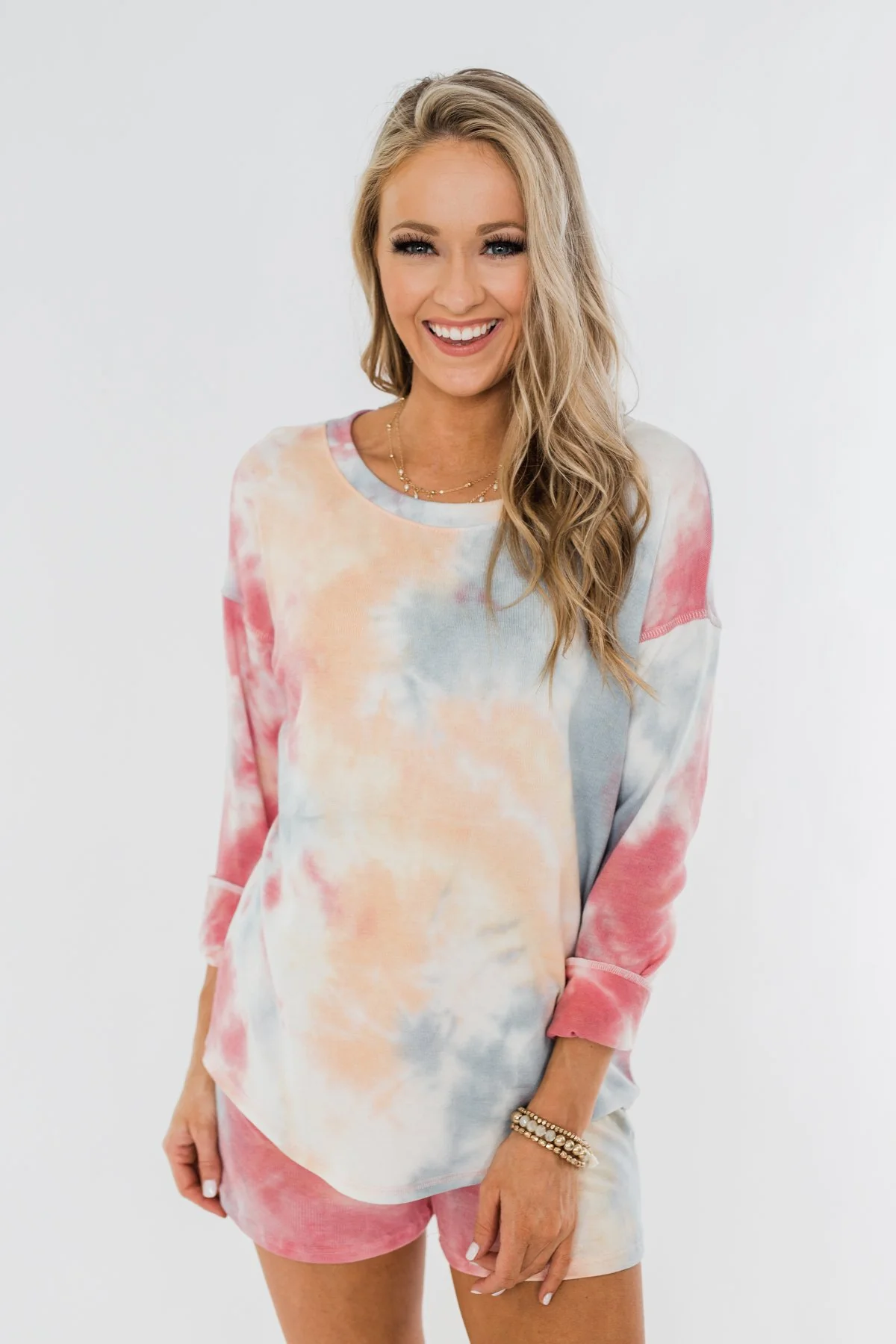 Tie Dye Lounge Pullover Top- Cherry, Light Orange, & Blue - Image 8
