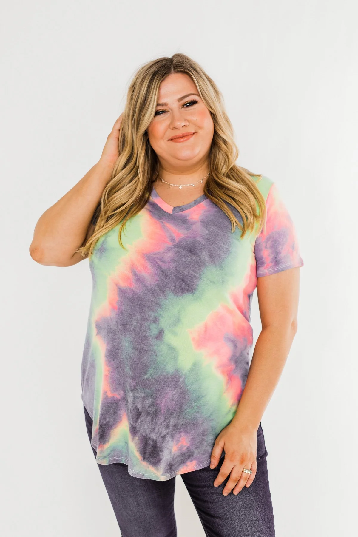 Tie Dye V-Neck Top- Purple, Lime, Pink - Image 2
