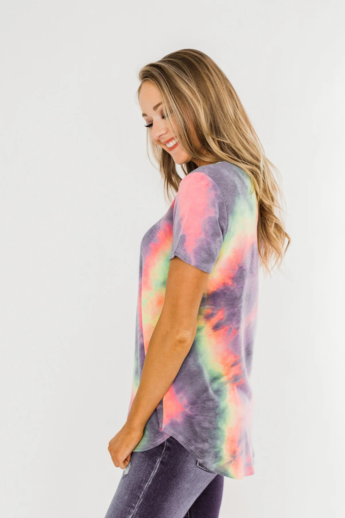 Tie Dye V-Neck Top- Purple, Lime, Pink - Image 5