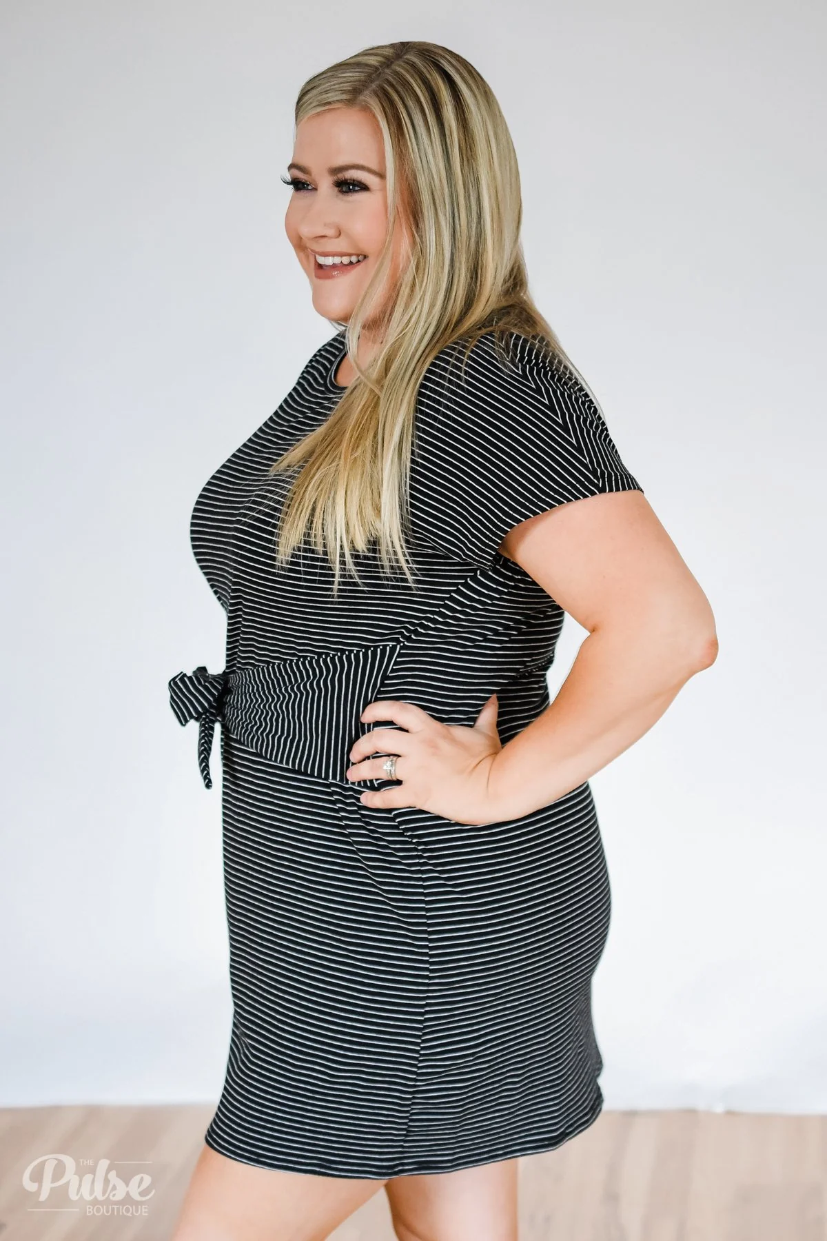 Tied For First Striped Short Sleeve Dress- Black - Image 9