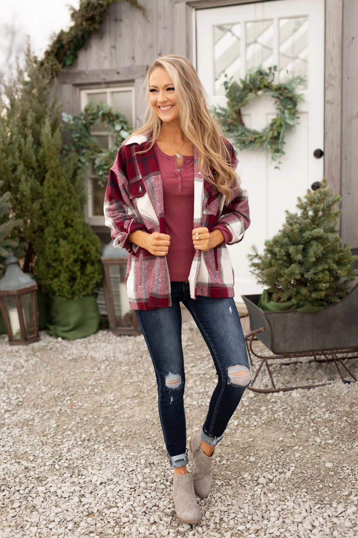 Time For A Change Plaid Flannel Jacket- Wine - Image 3