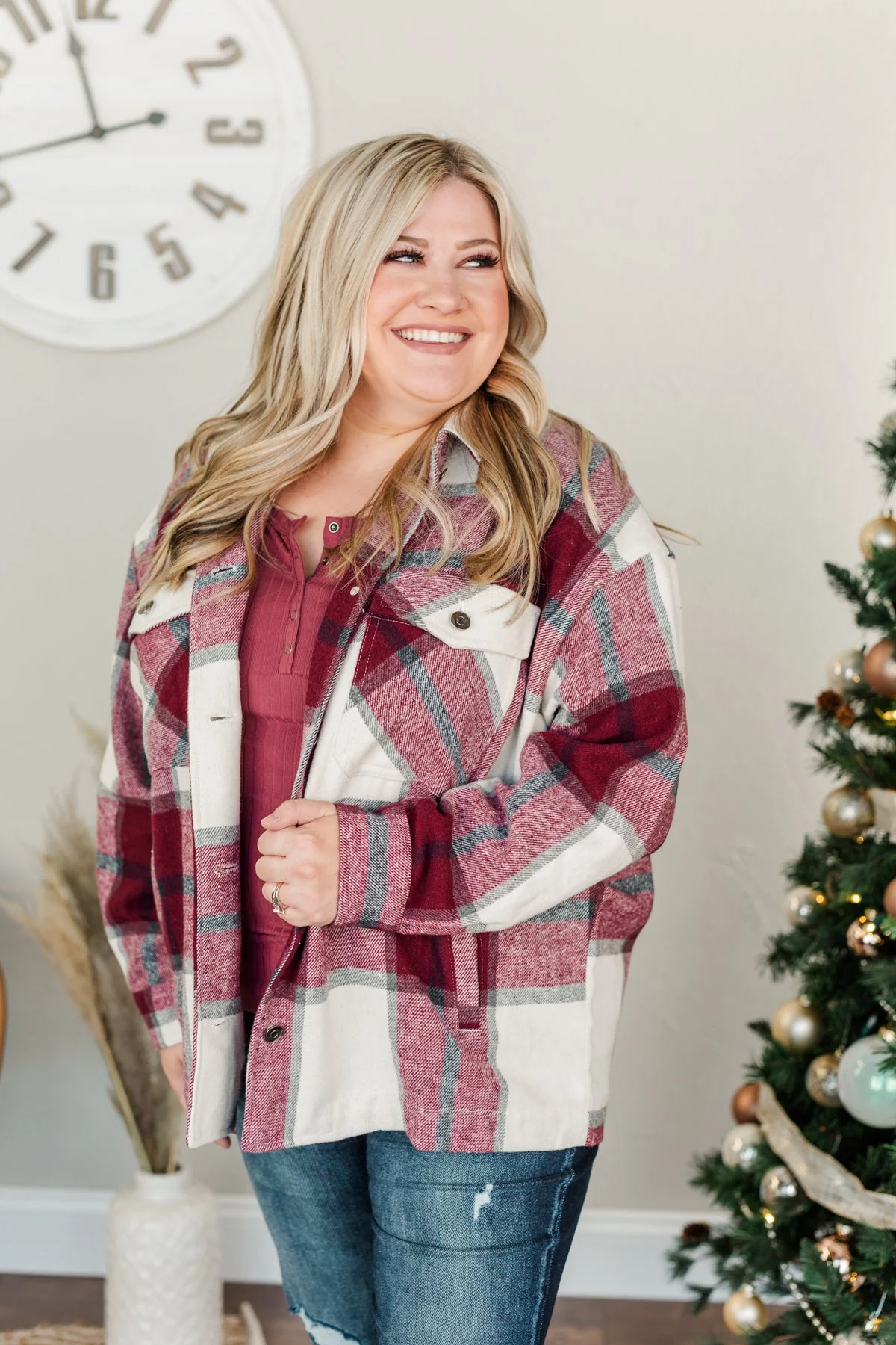 Time For A Change Plaid Flannel Jacket- Wine - Image 4