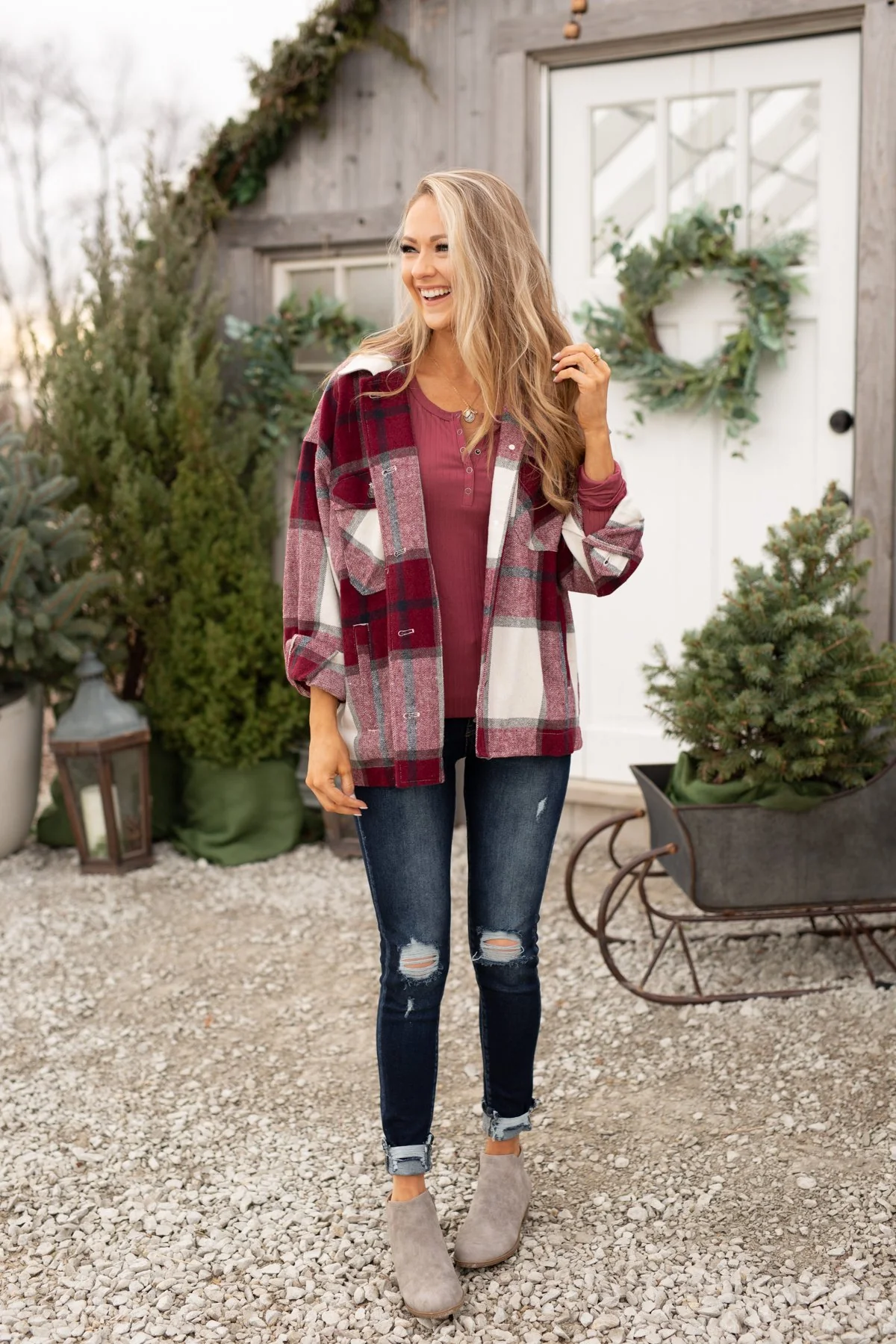 Time For A Change Plaid Flannel Jacket- Wine - Image 5