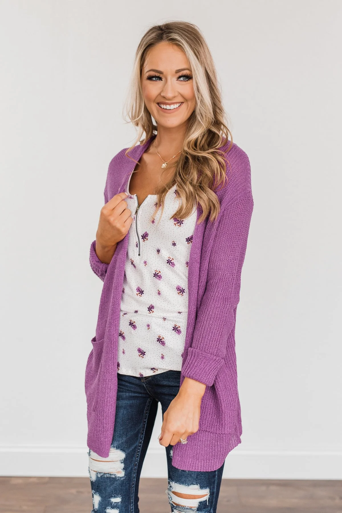 Time For An Adventure Knit Cardigan- Dark Orchid - Image 6