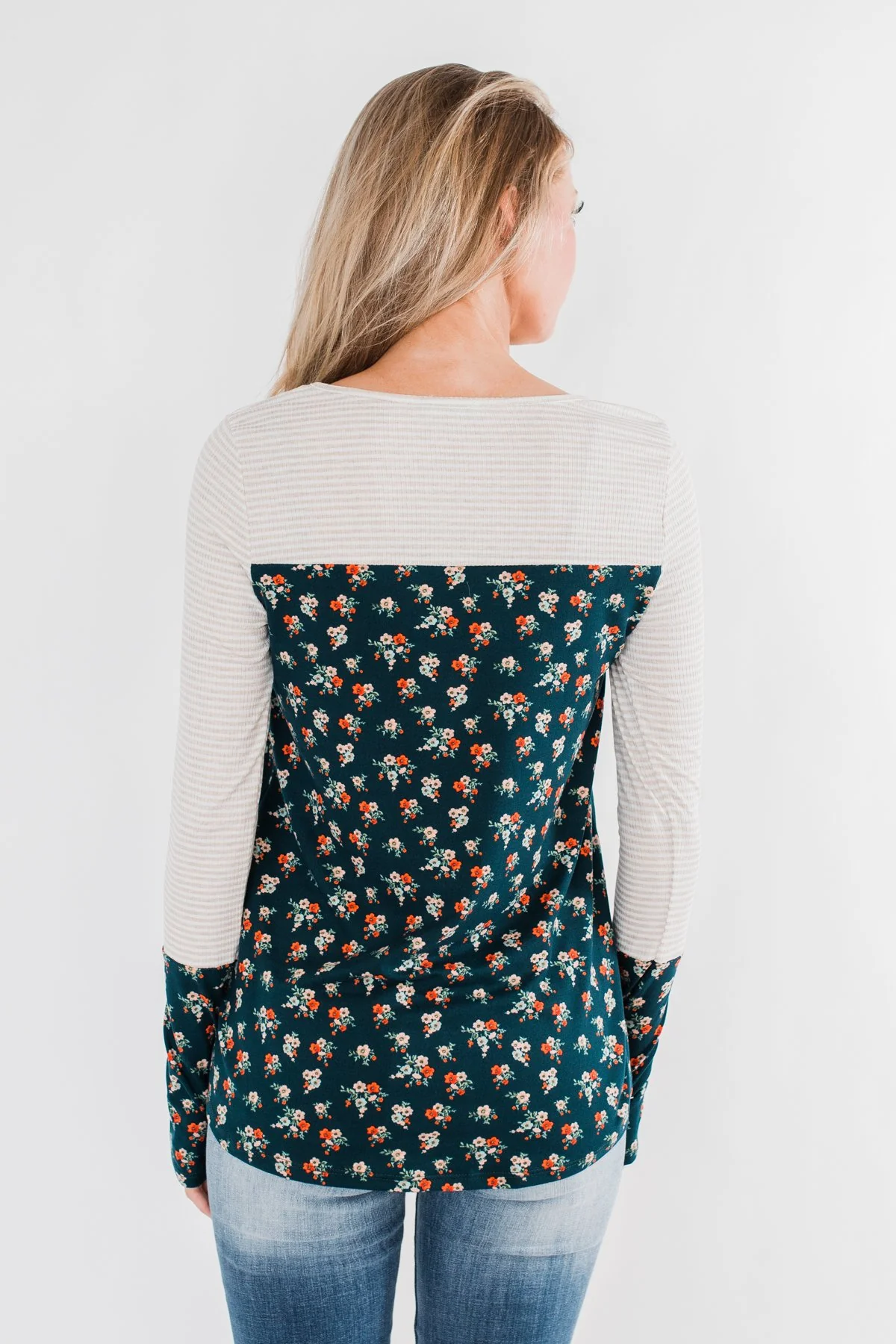 Time Of Your Life Floral & Striped Top- Dark Teal & Oatmeal - Image 10