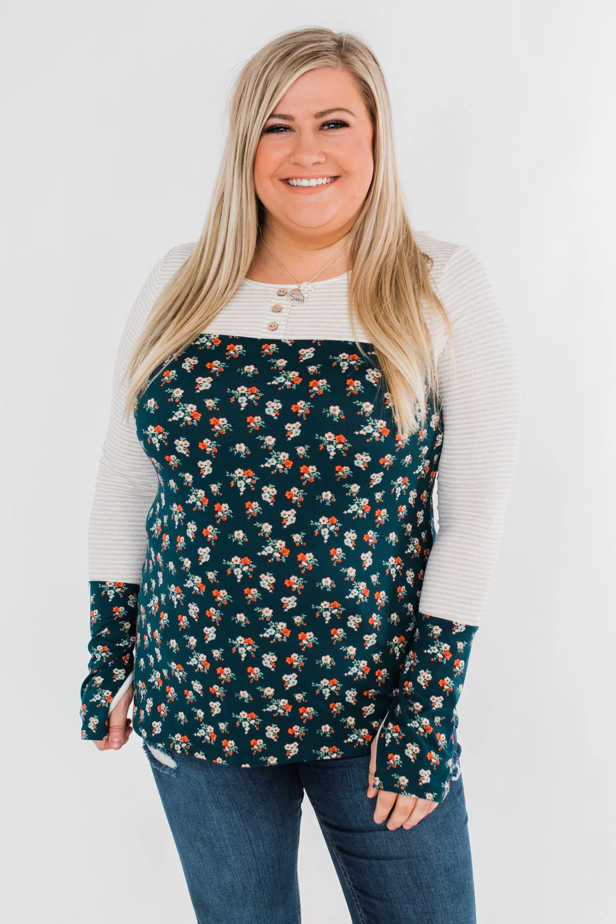 Time Of Your Life Floral & Striped Top- Dark Teal & Oatmeal - Image 3