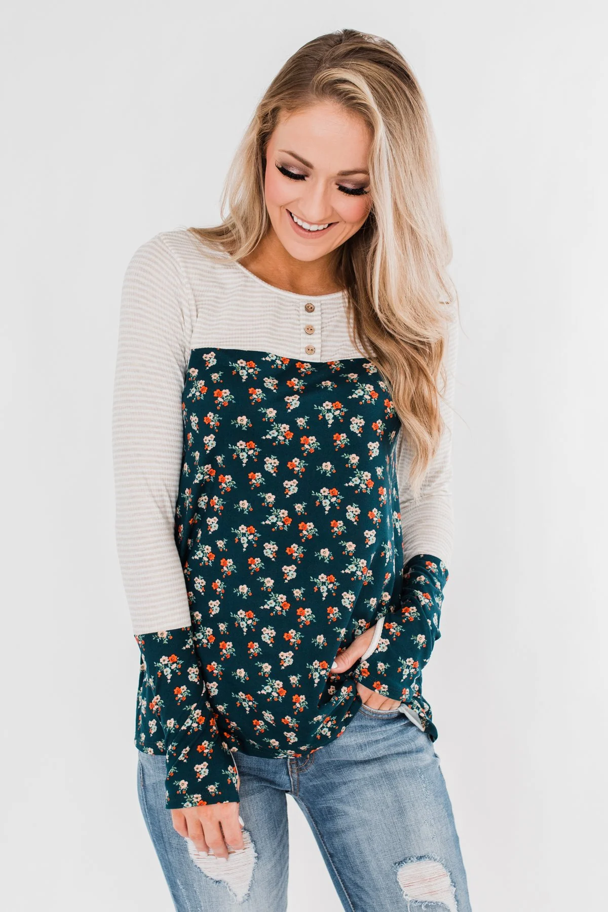 Time Of Your Life Floral & Striped Top- Dark Teal & Oatmeal - Image 4