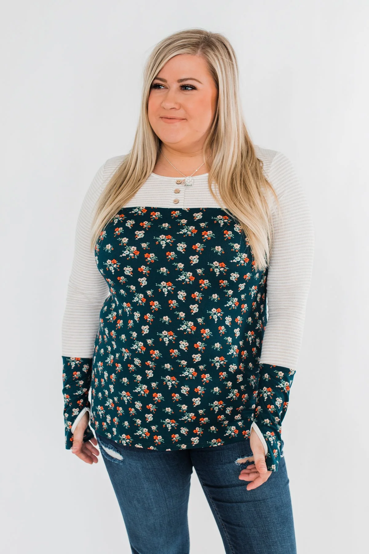 Time Of Your Life Floral & Striped Top- Dark Teal & Oatmeal - Image 5