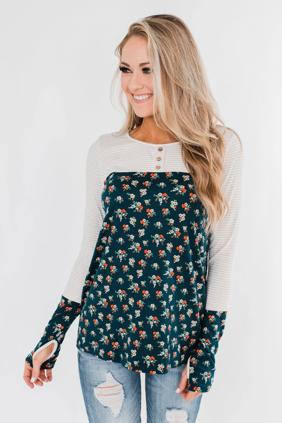 Time Of Your Life Floral & Striped Top- Dark Teal & Oatmeal - Image 6