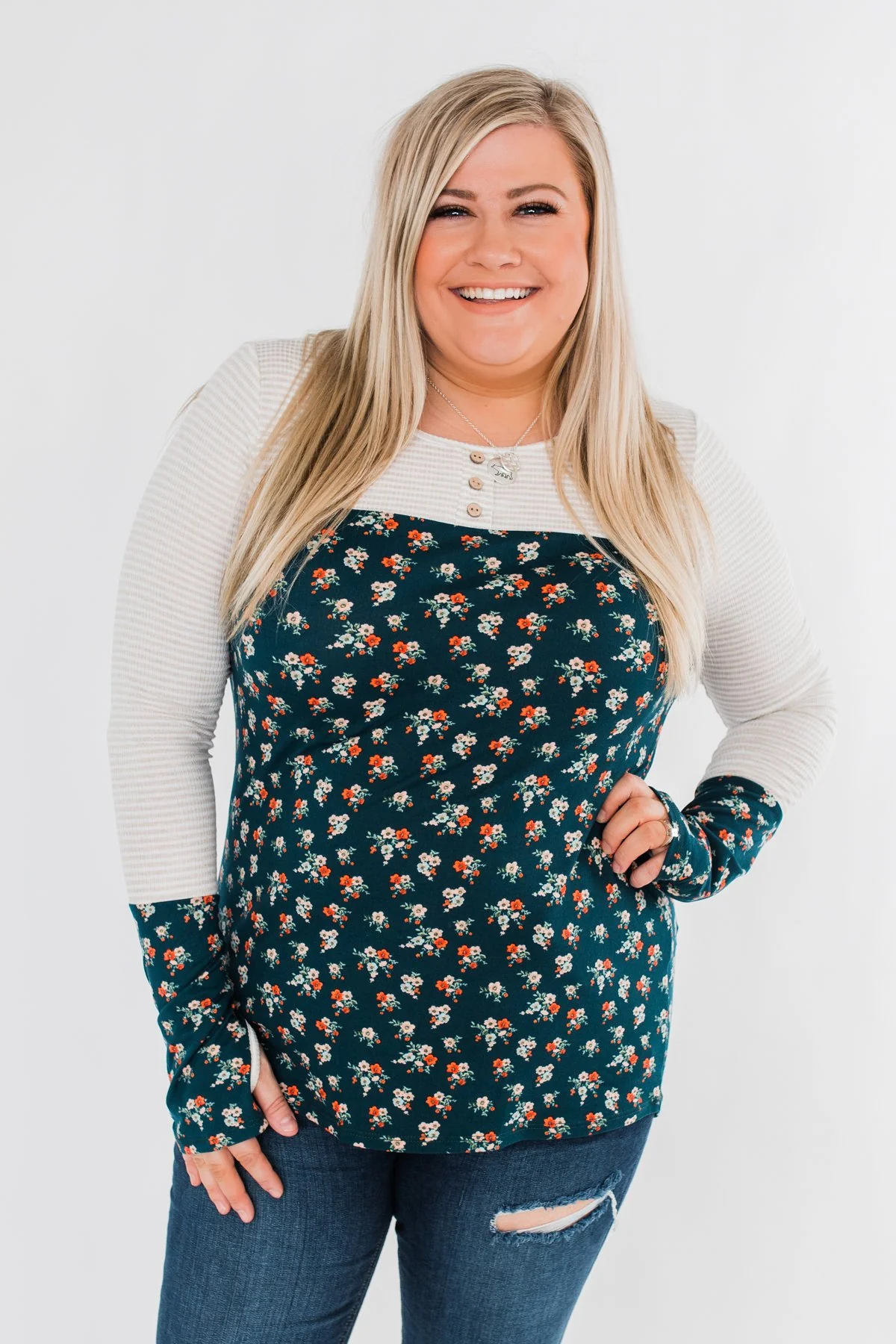 Time Of Your Life Floral & Striped Top- Dark Teal & Oatmeal - Image 7